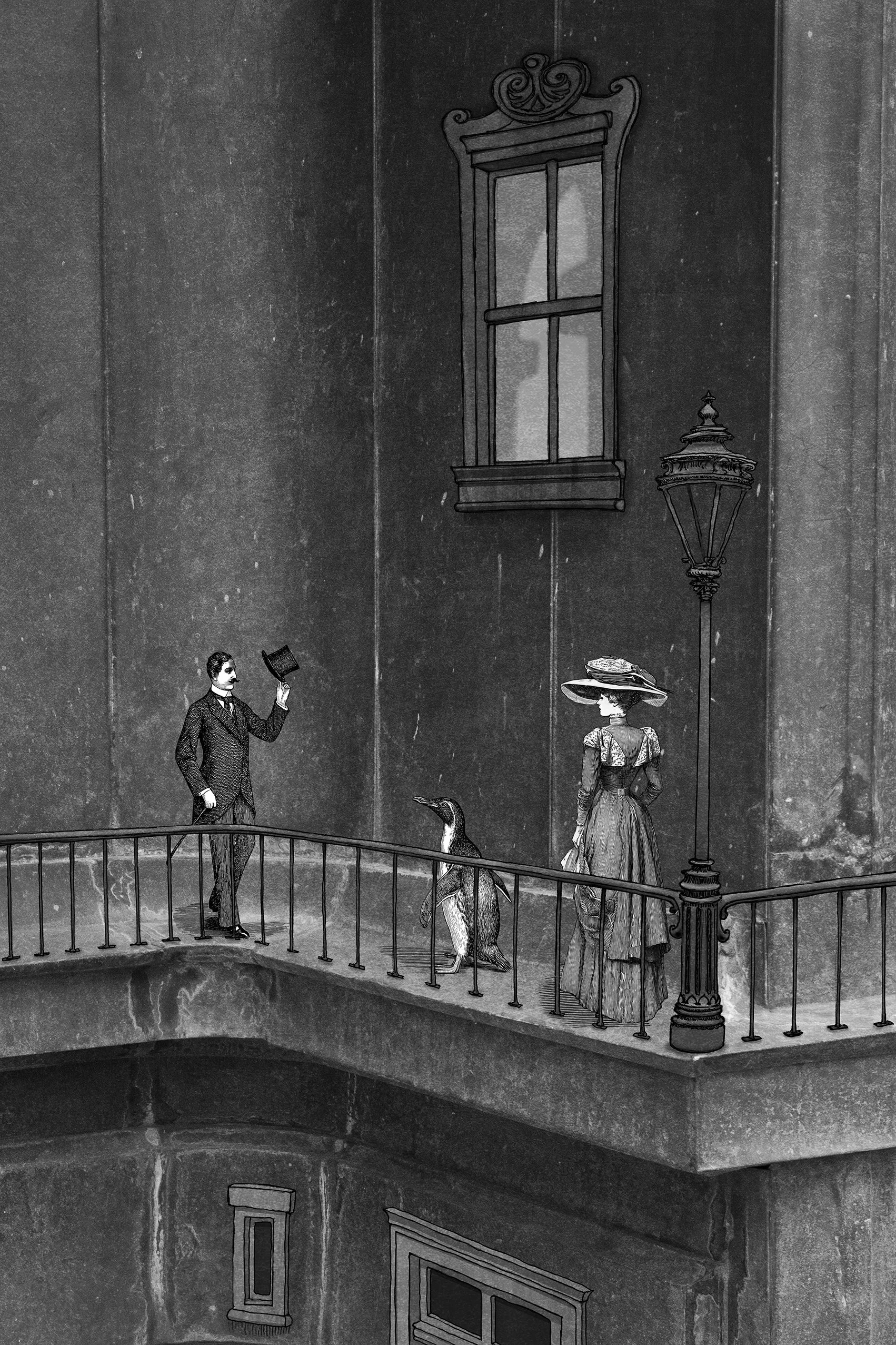 Graphic collage with black and white architectural elements and vintage engravings, funny scene with a lady walking her pet penguin