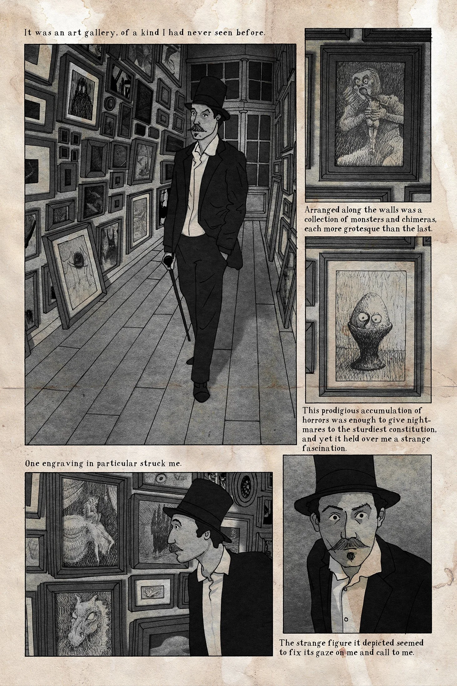 Vintage black and white sequential art of a spooky art gallery