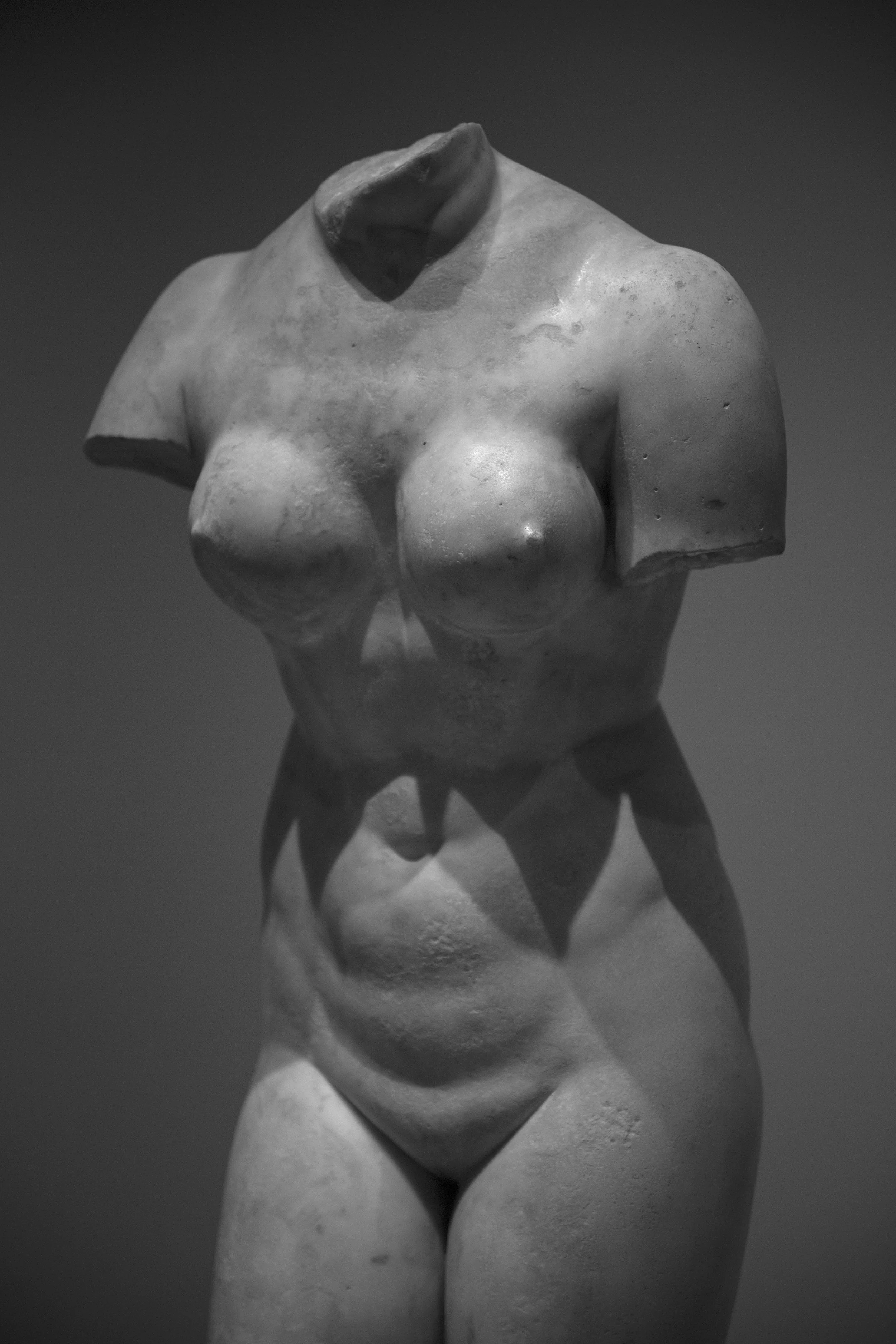 Carved stone bust, classical statue in moody dramatic lighting in art museum, black and white photo. 