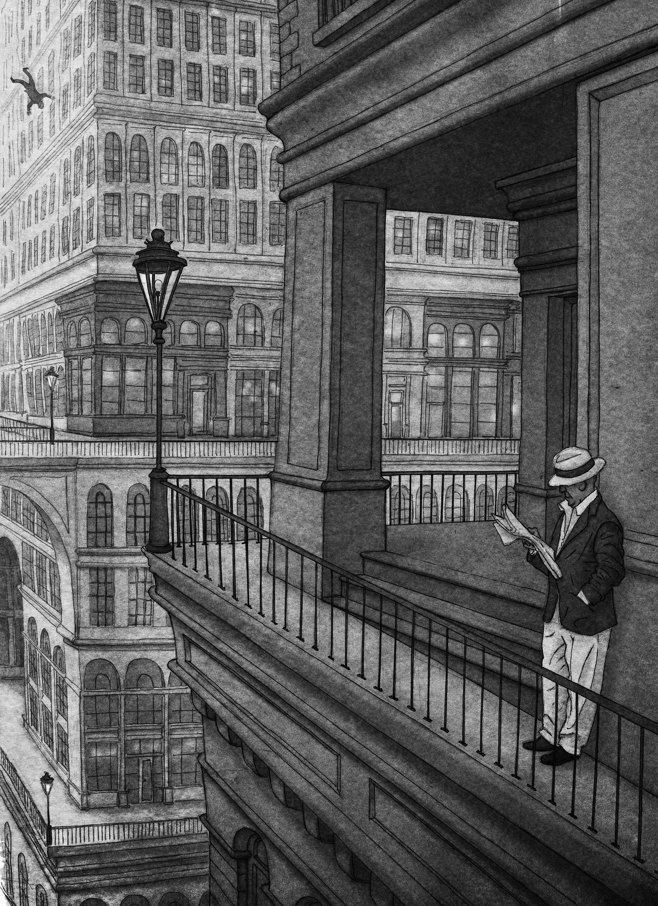 Black and white drawing, illustration of a bottomless city, architecture art set in a a sci-fi retrofuture 