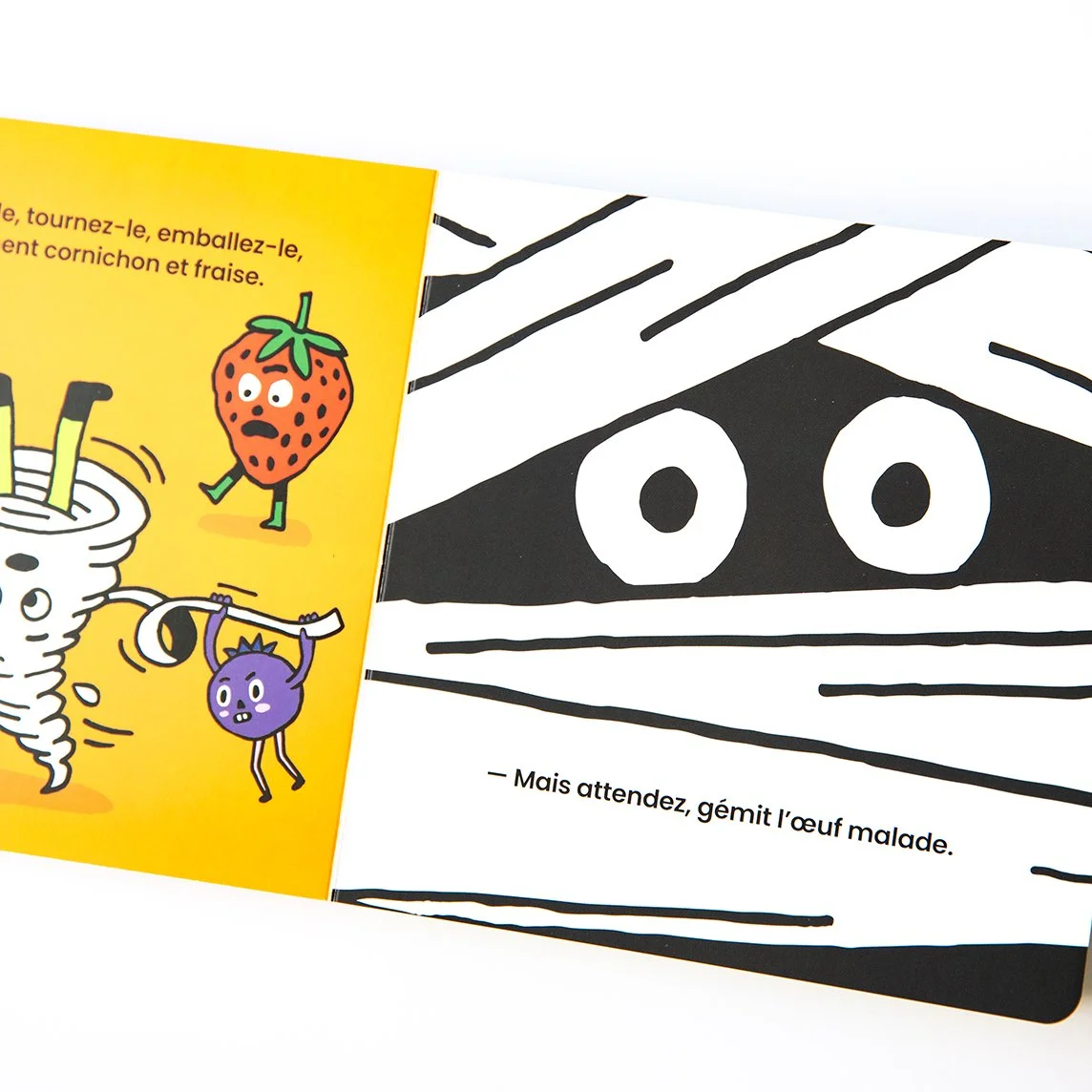 Double page spread from a cardboard picture book showing funny characters, bold colors and thick lines