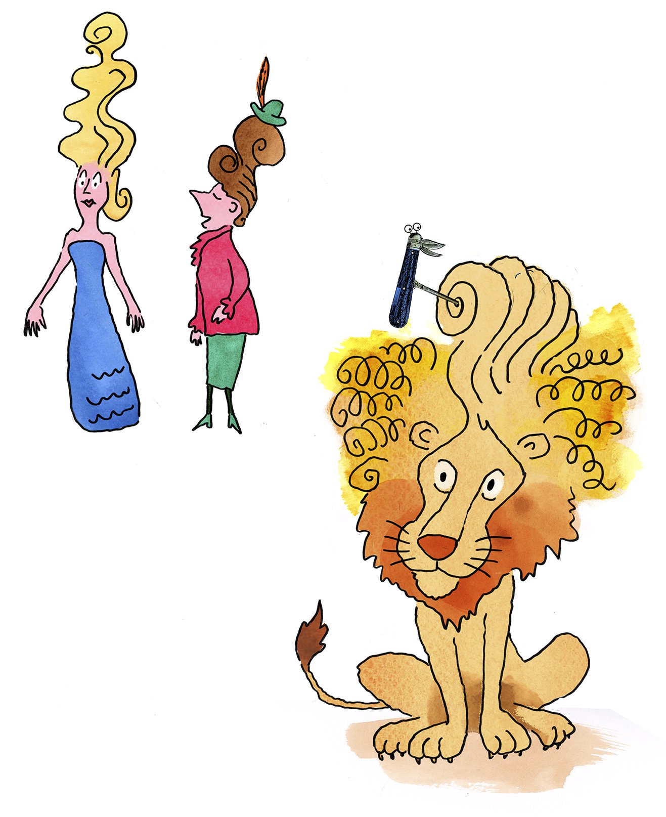 Humorous illustration of a funny lion being coiffed by a mechanical bird with elegant ladies in the background