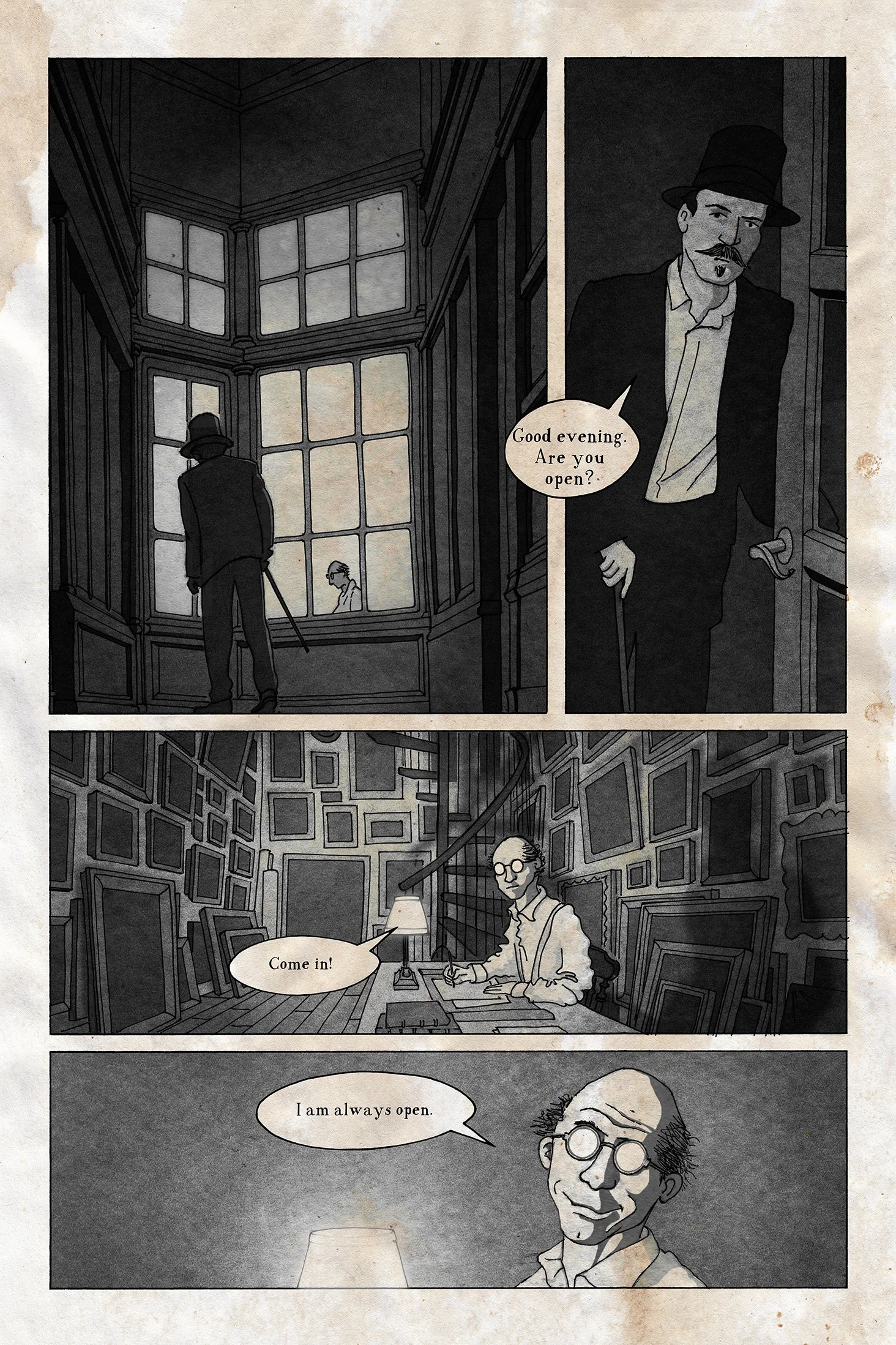 Comic book page of a man entering an art gallery, grainy black and white art