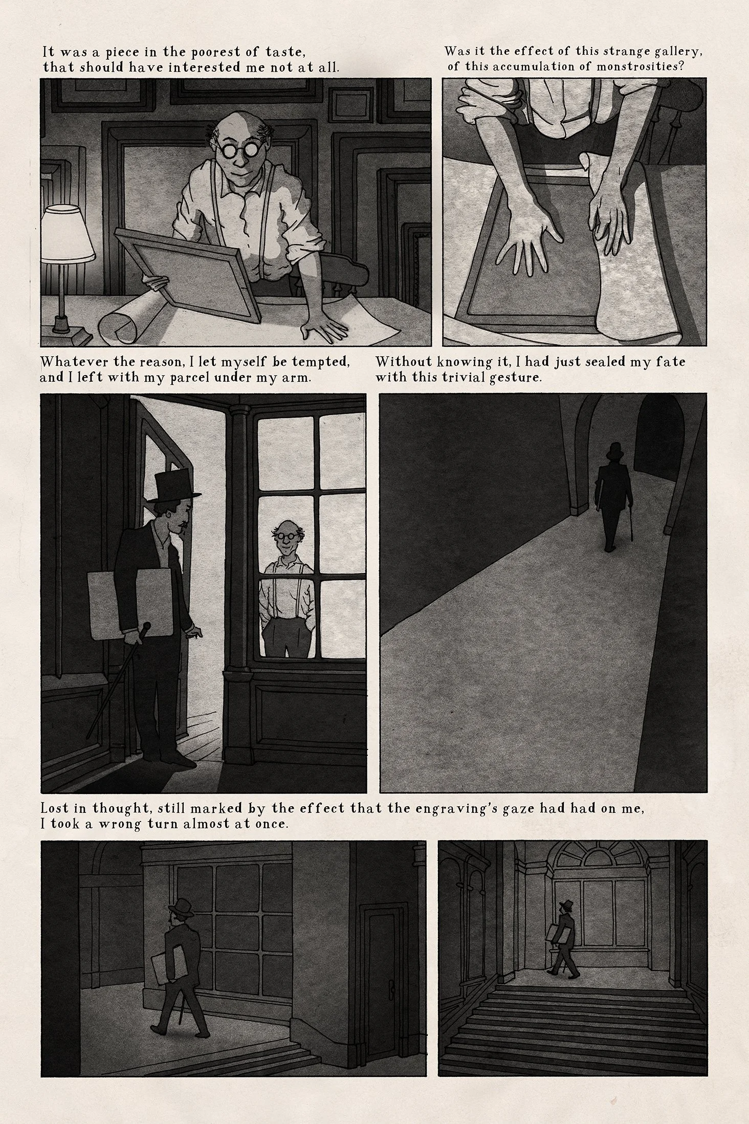 Sequential comic book art of a man in an art gallery, black and white art by Lionel May