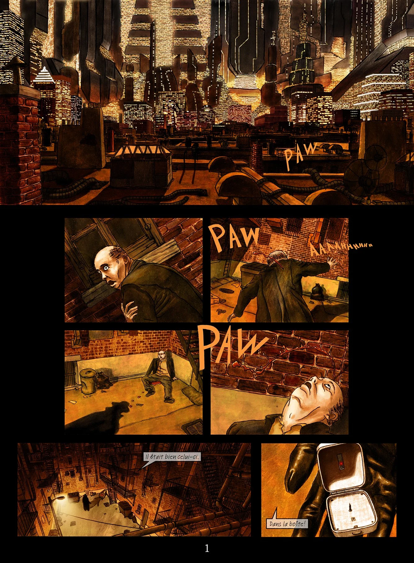 Comic book page chase scene in the dark alleys of a future city