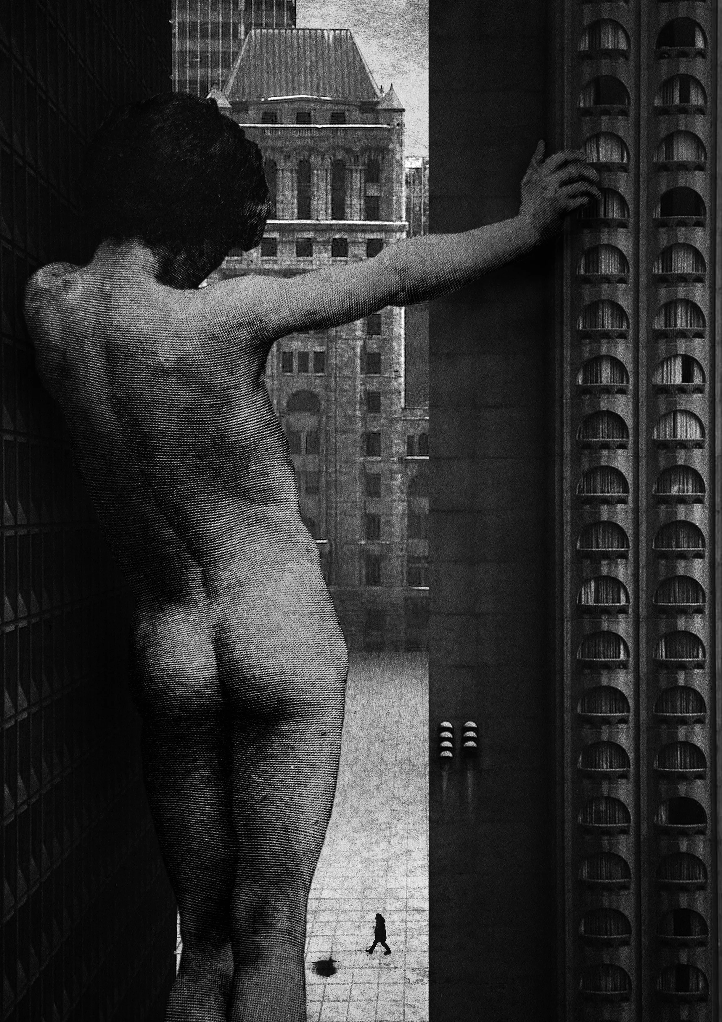 Architectural photo collage with giant woman in huge black and white city, photo and illustration collage