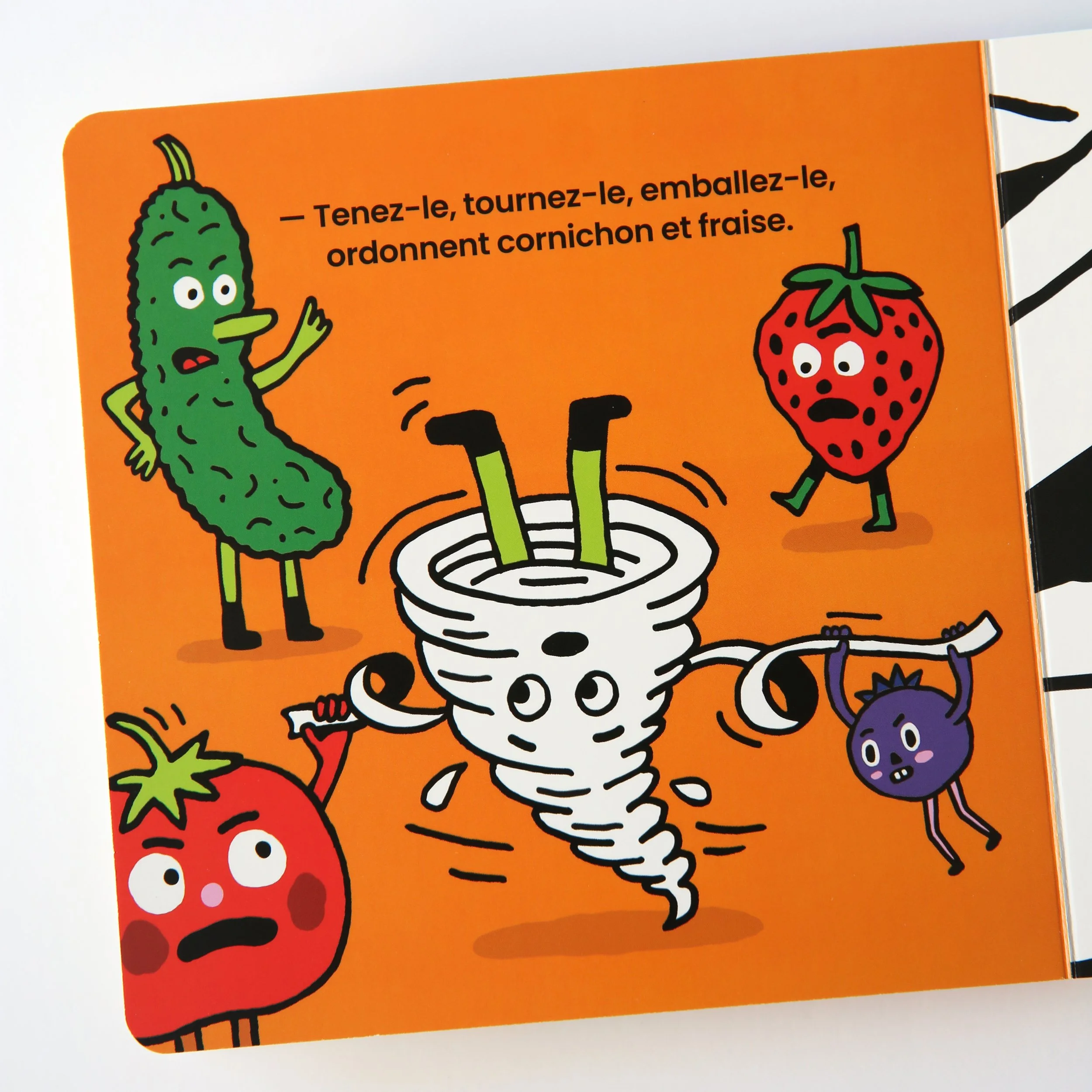 Page from a funny picture book showing a pickle, a strawberry, a tomato and a blueberry wrapping an egg in bandages