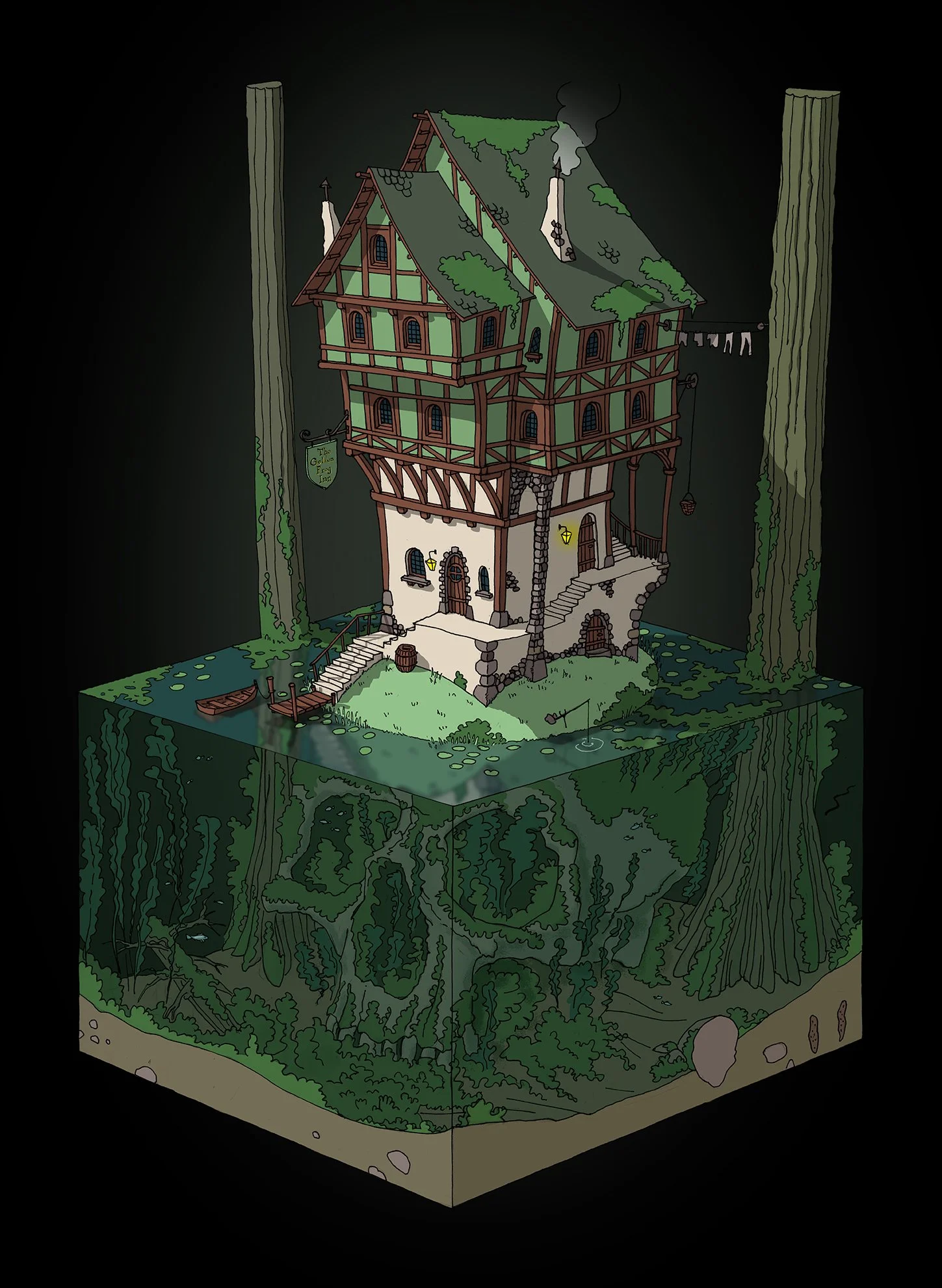 Fantasy world illustration of a medieval inn built on top of a giant skull, underwater view with isometric perspective, concept art
