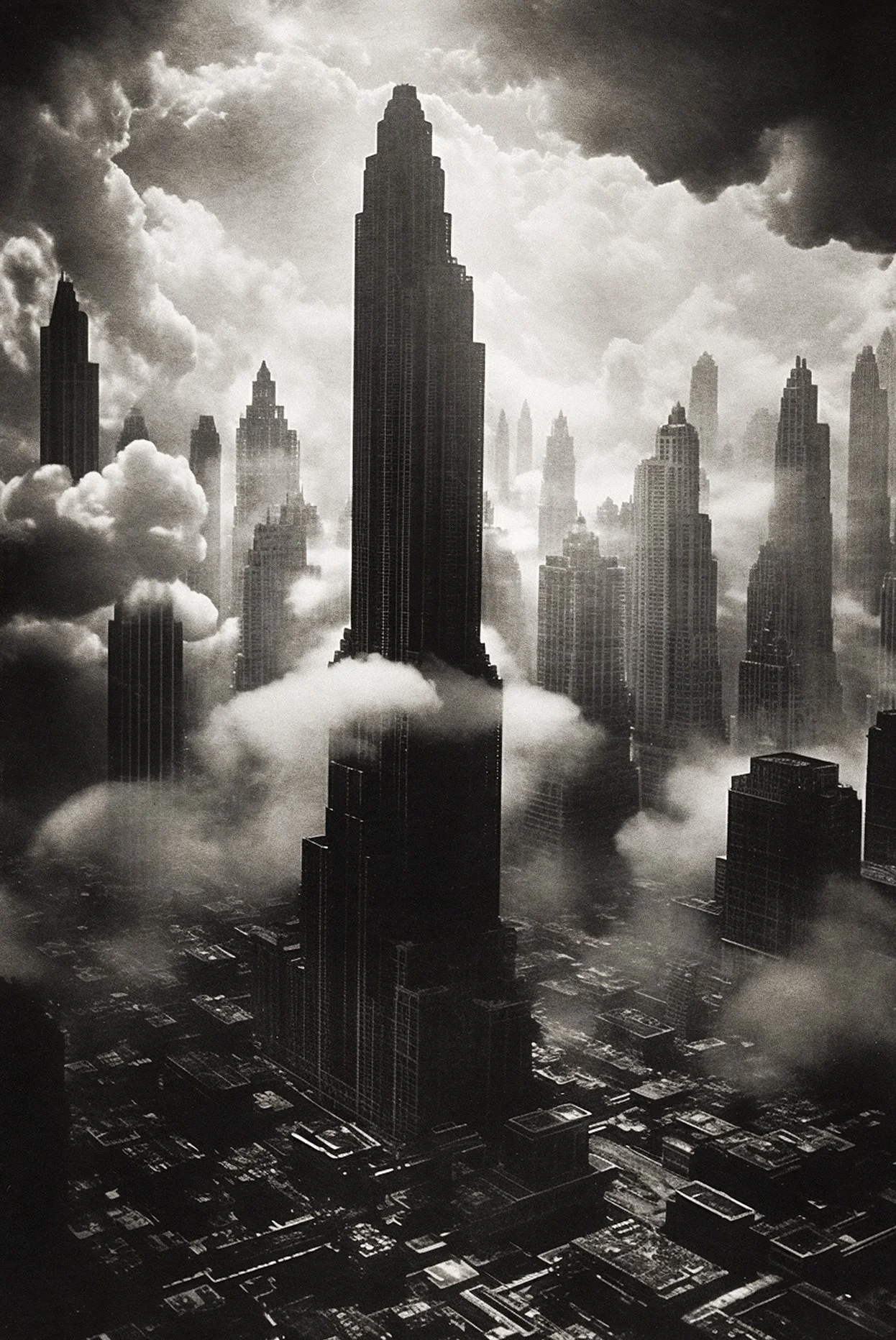 Towering skyscrapers, futuristic architecture in sci-fi city with buildings rising above the clouds