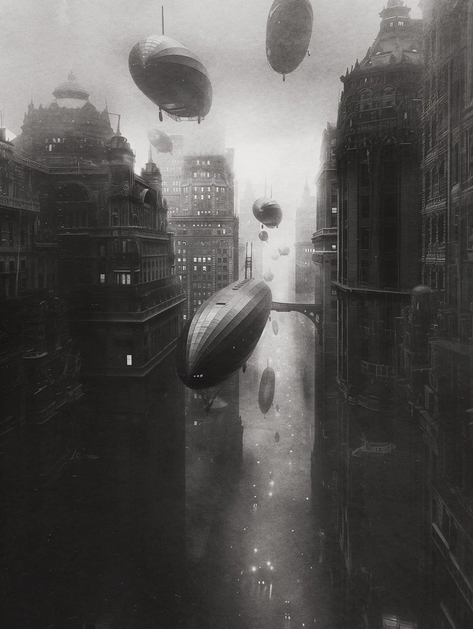 The City of Utropiia: a canyon of buildings, sci-fi architecture with airships, vintage black and white image 