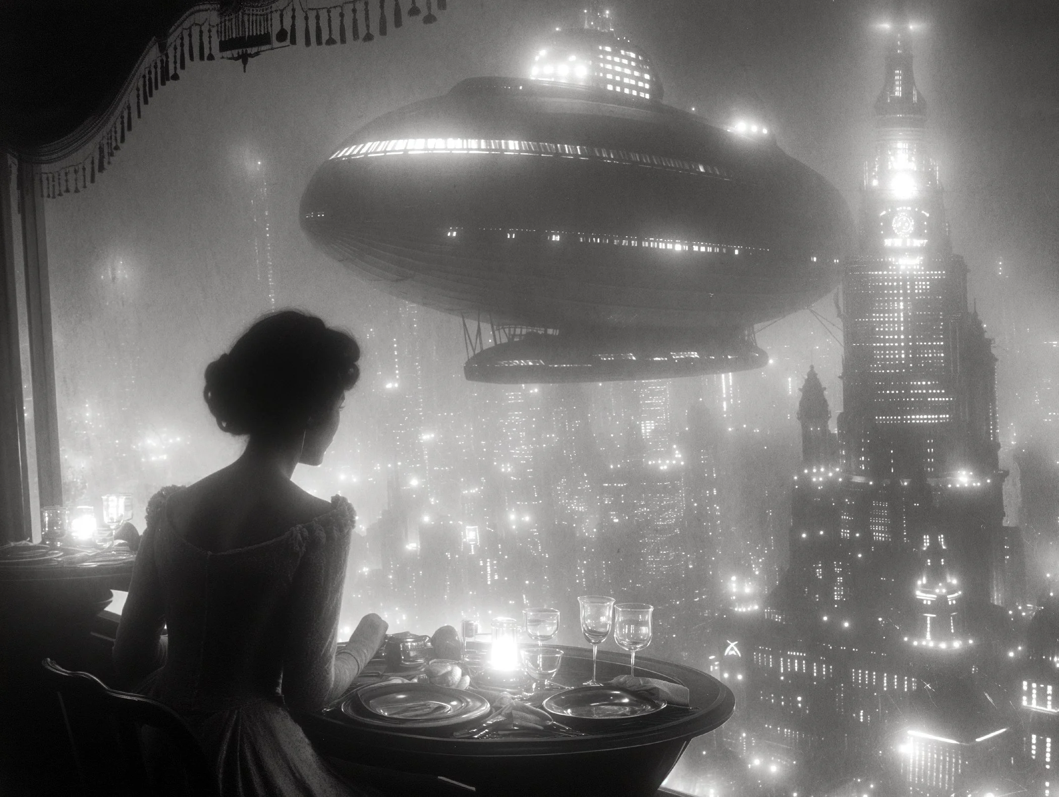 Utropiia's night lights seen from an airship, sci-fi city in a vintage black and white retrofuture.