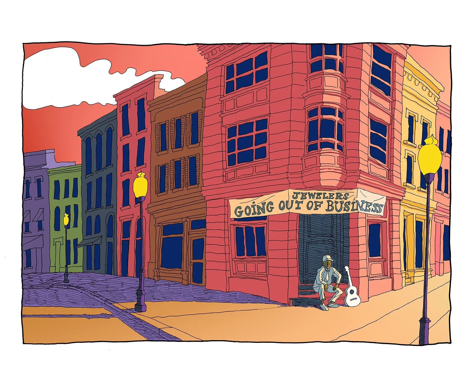 Pink and yellow colorful illustration of a city block, lone guitarist in suit sitting in esterted street