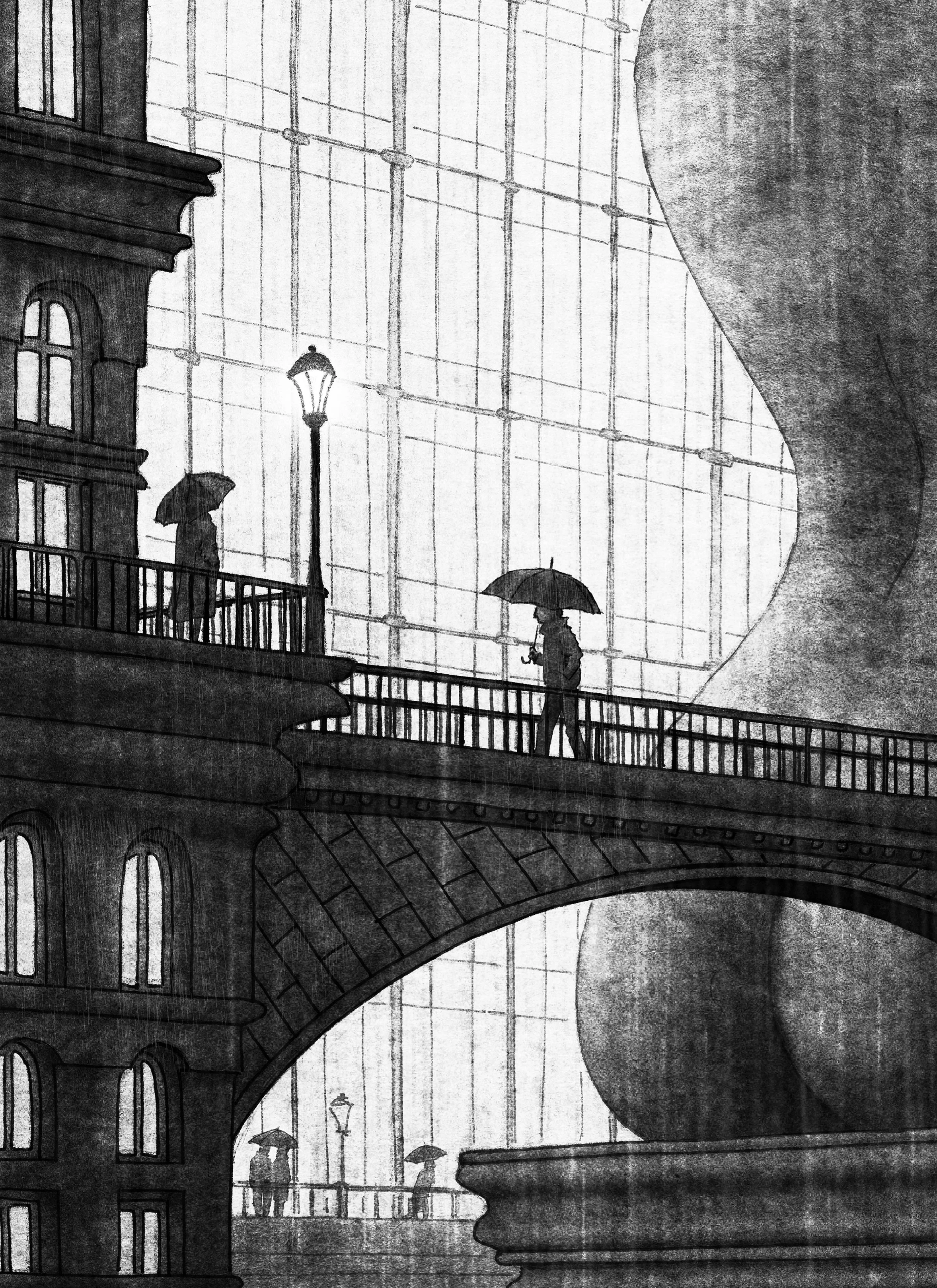 Black and white cityscape with futuristic architecture