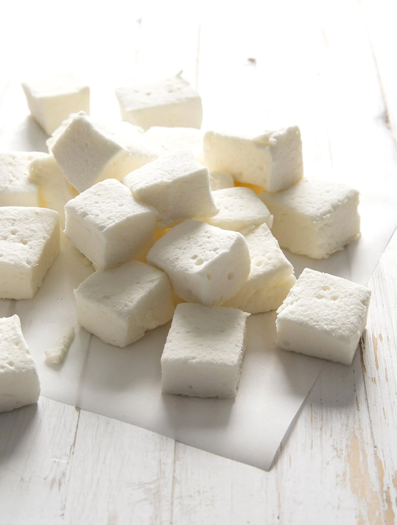 Homemade vanilla marshmallow on white background, with beautiful lighting