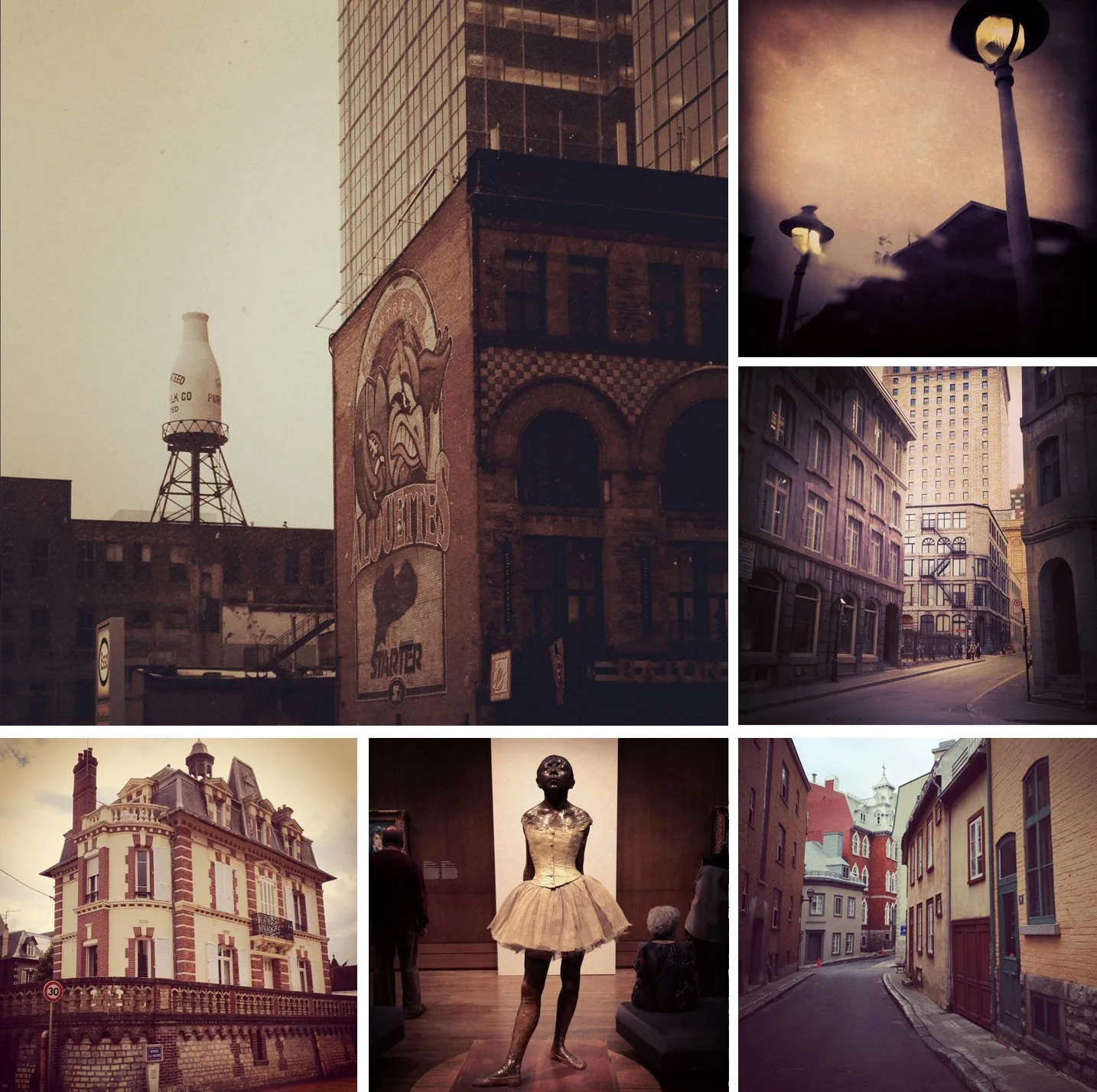 Grid of sepia photos, cityscapes and street view with old buildings