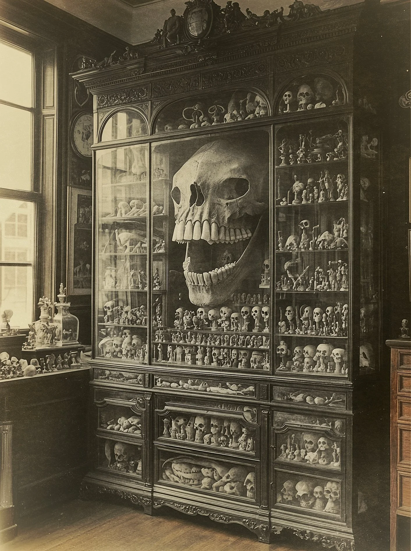 A cabinet of curiosities in a museum, with glass display case filled with skulls and specimens