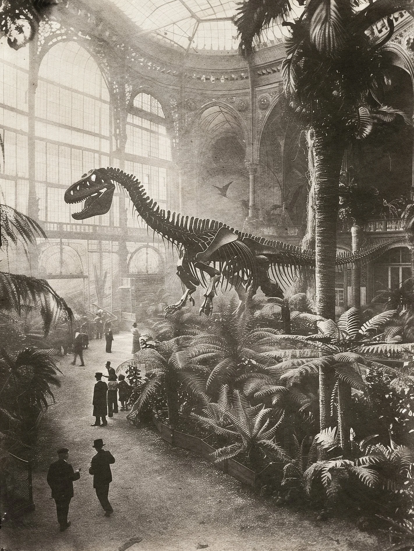 The Natural History Museum in Utropiia by Lionel May, dinosaur skeleton in huge vintage museum