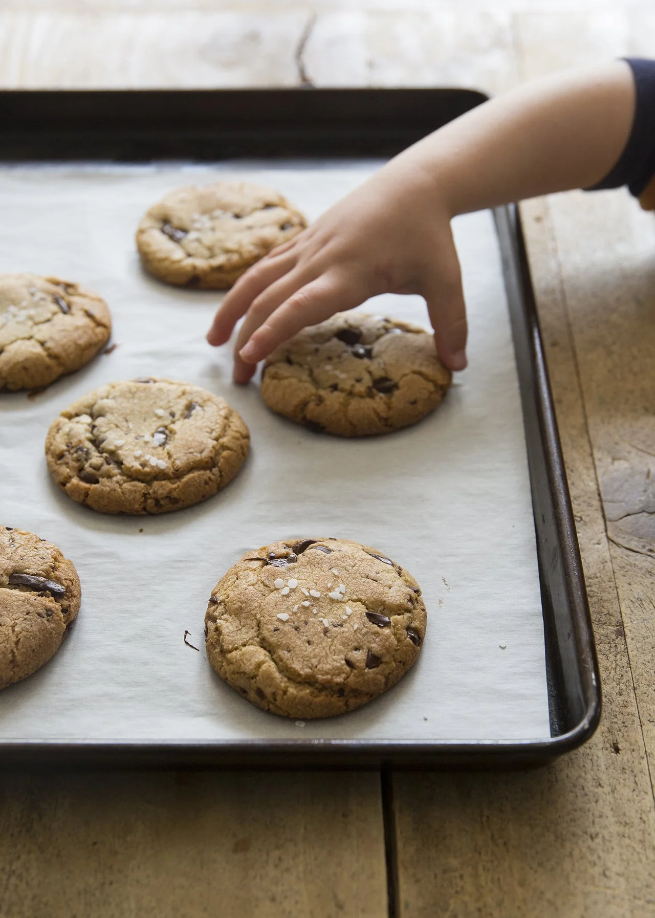 Large chocolate chip cookies fresh out of the oven, with a child's hand grabbing one. 