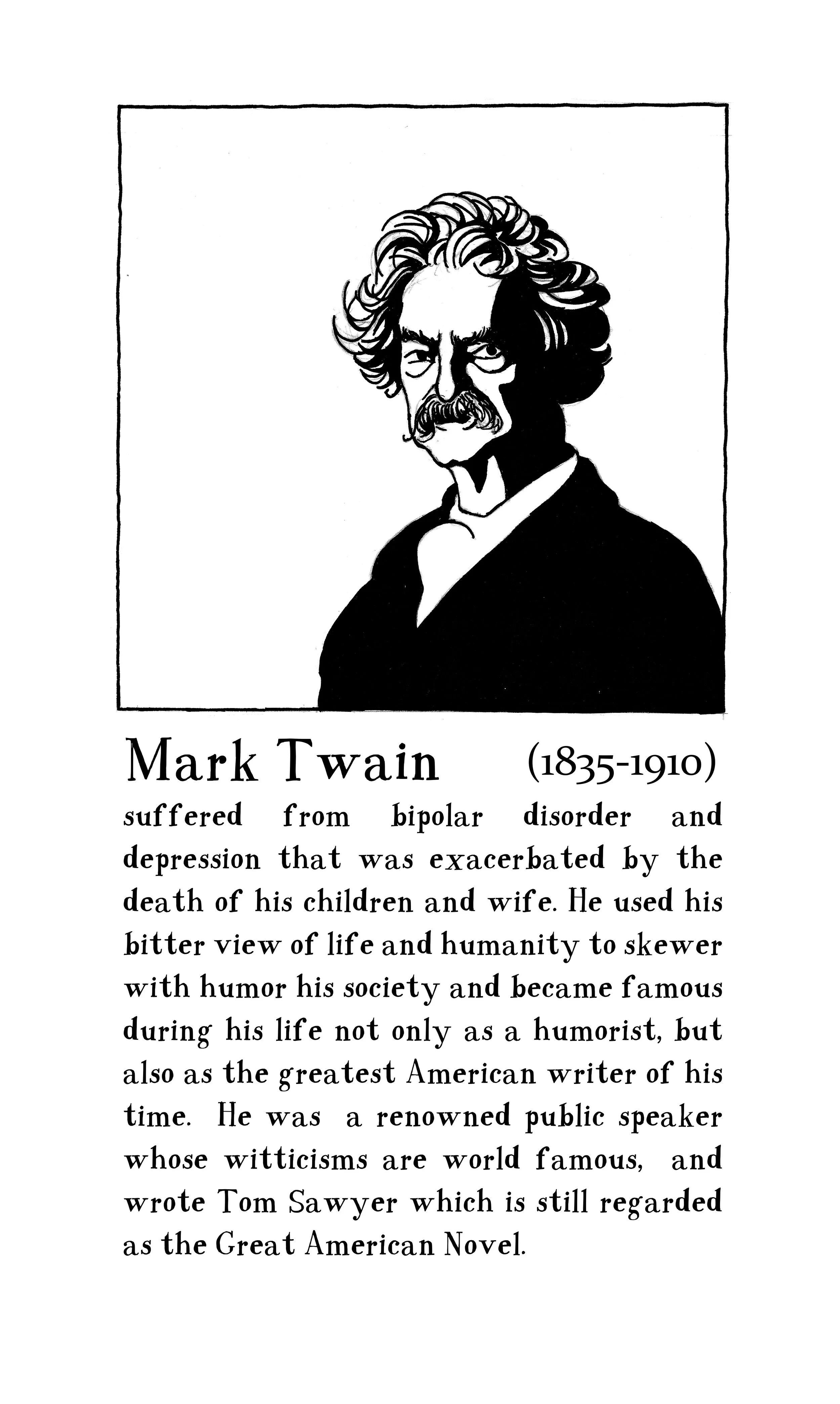 A portrait, drawing of Mark Twain with his biography.