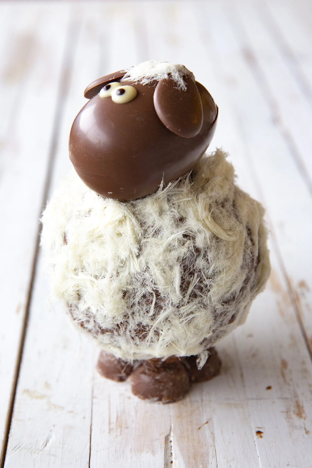 A milk chocolate sheep for Easter with cotton candy fur 