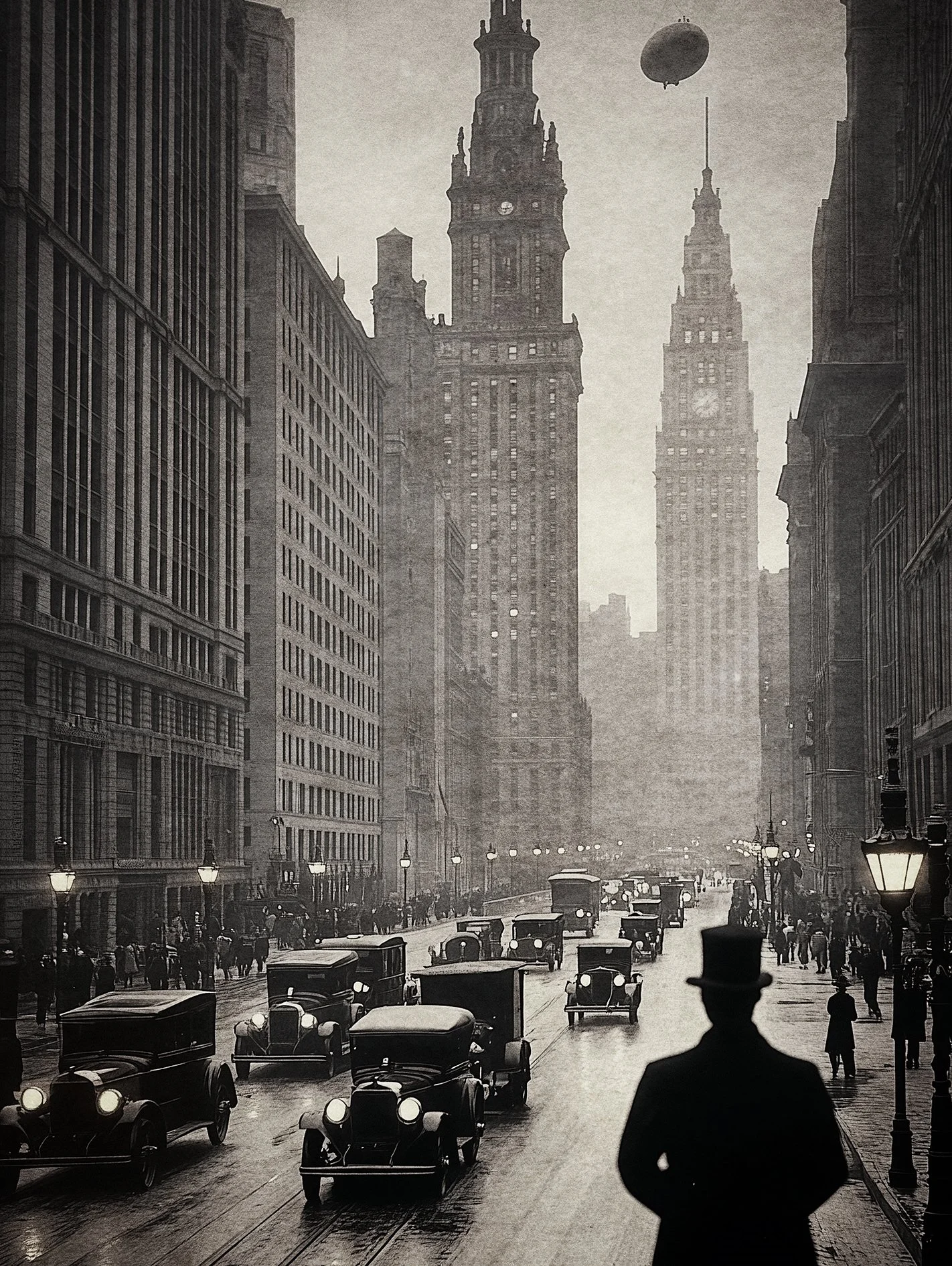 A busy street of cars and traffic in a retro city of giant skyscrapers and airships flying over the city