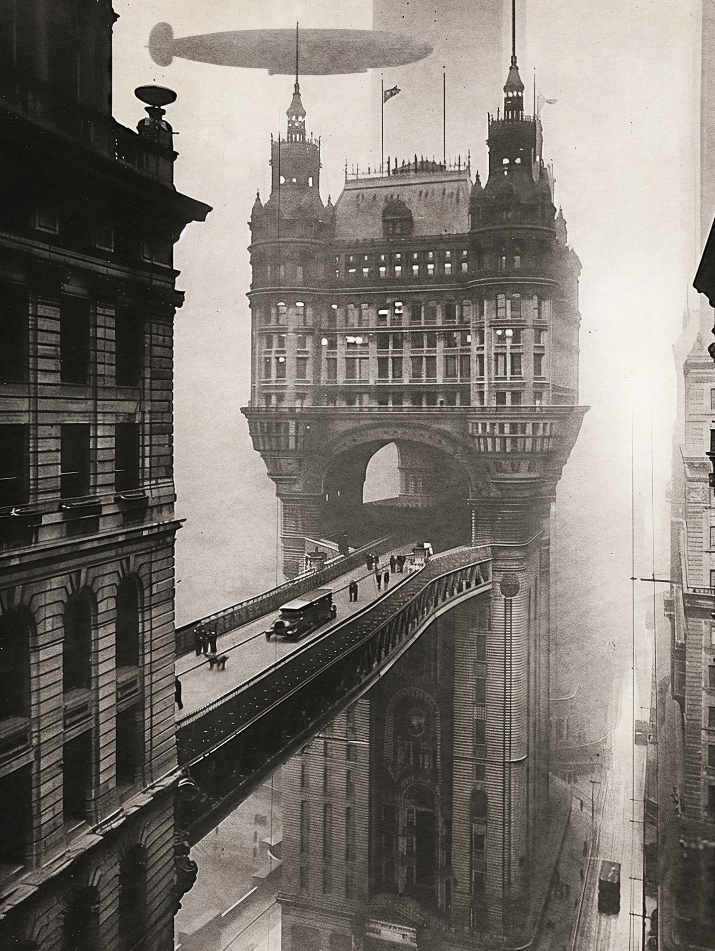 A city of beautiful buildings connected by bridges, with airships flying in the sky, black and white vintage style 