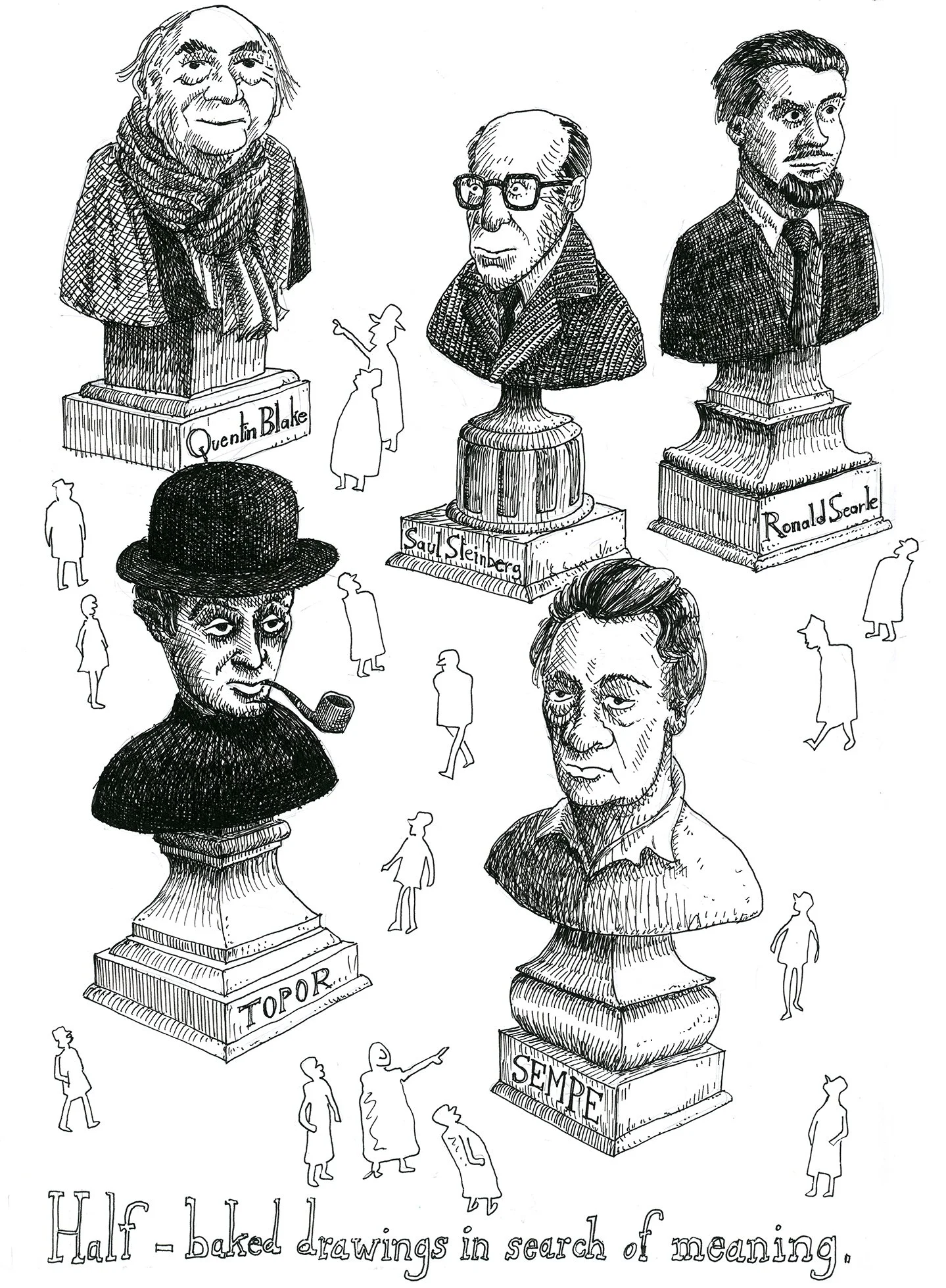 Page from sketchbook, illustrated portraits of famous illustrators Ronald Searle, Topor, Saul Steinberg, Sempe, ink drawing
