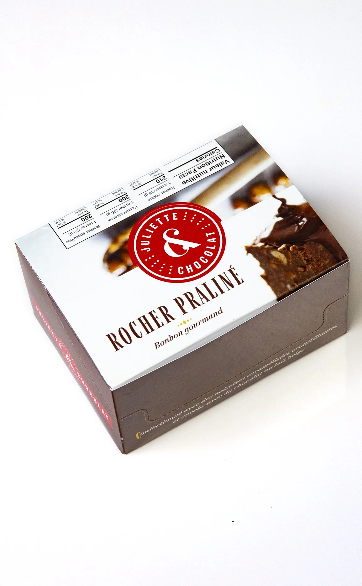 Retail packaging box for chocolate confections, red white and brown display box