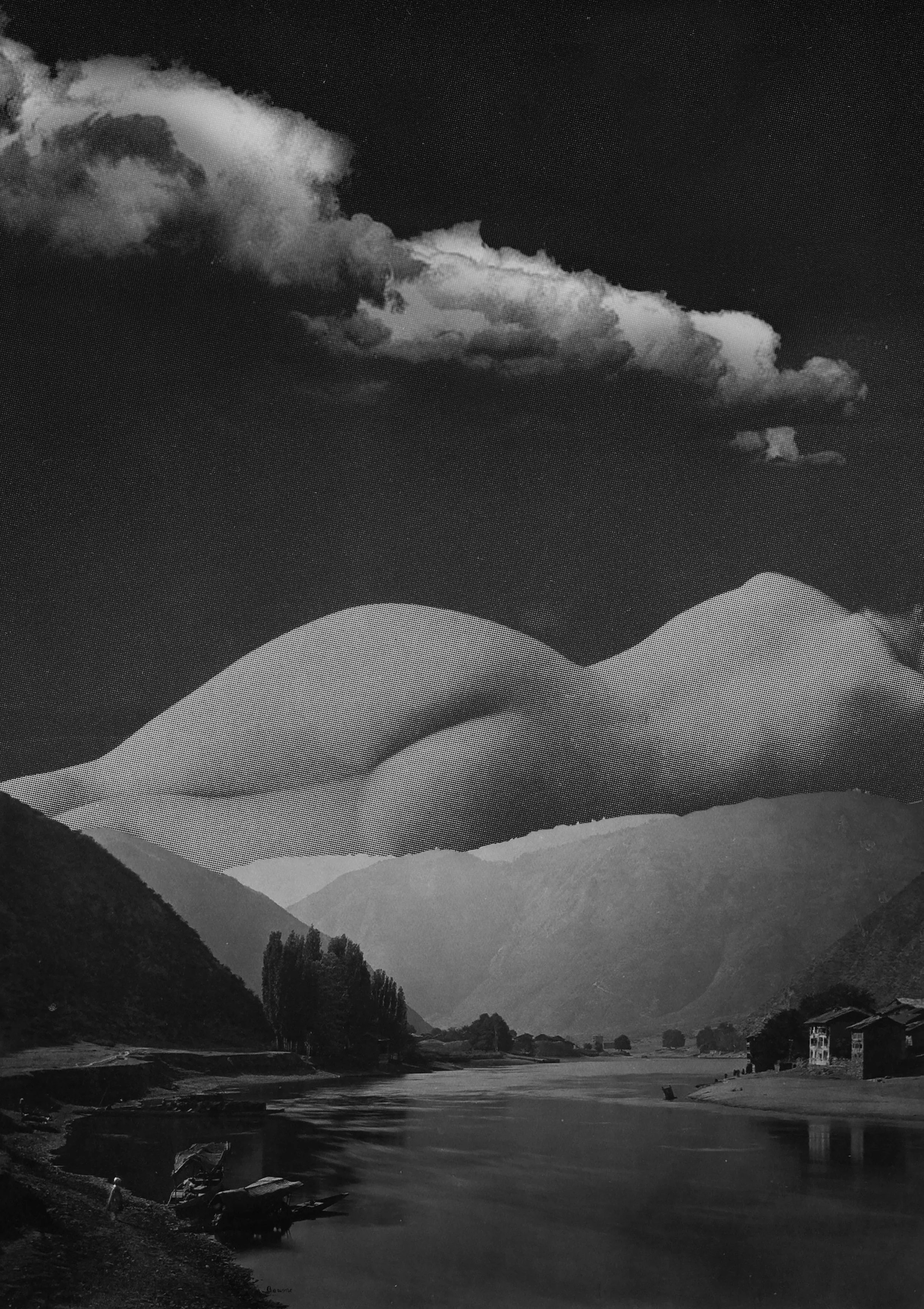 Paper collage, surreal landscape with woman sleeping, vintage photo assembly 