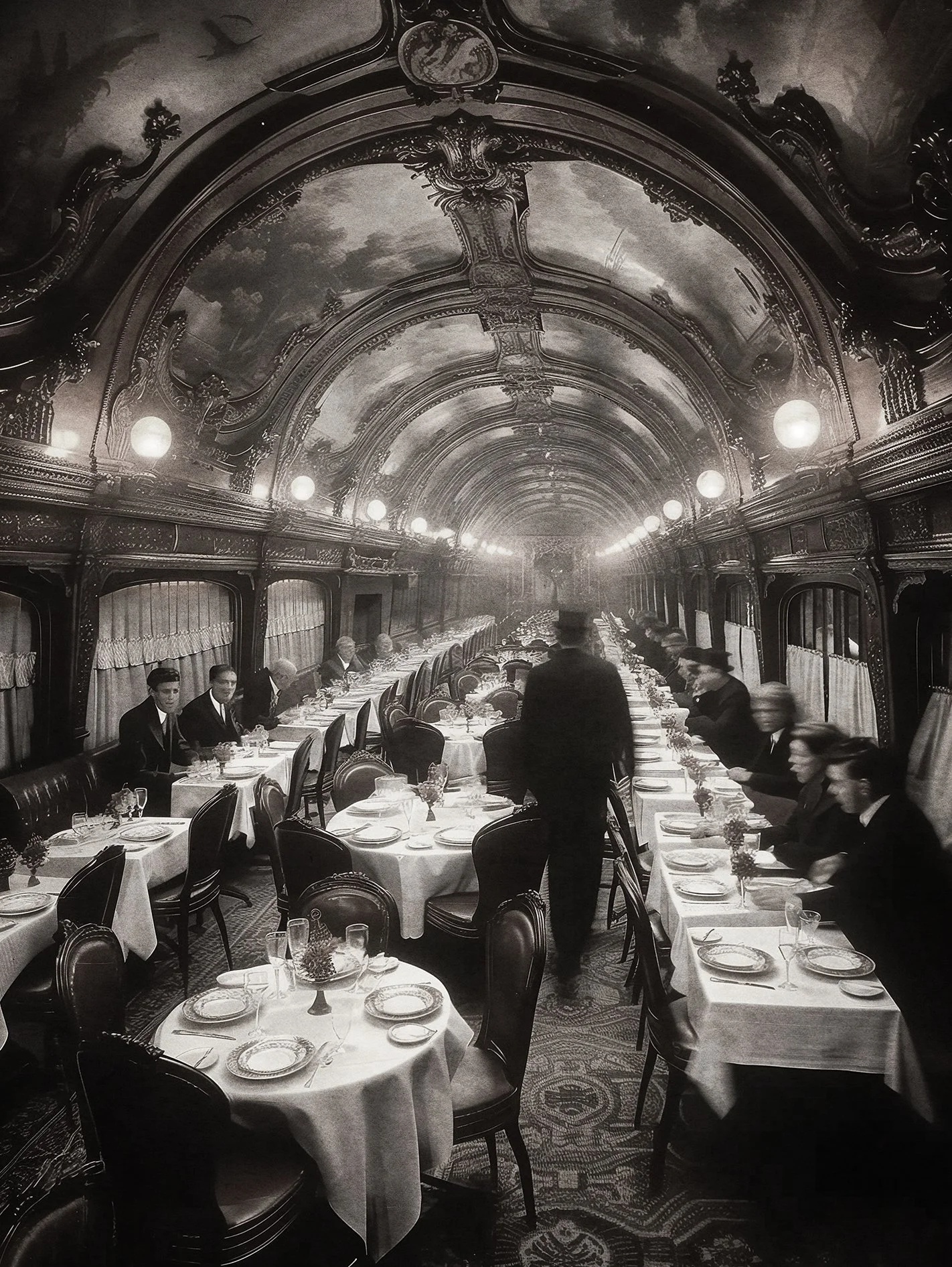Black and white vintage travel photo taken inside a Utropiian airship, beautiful interior