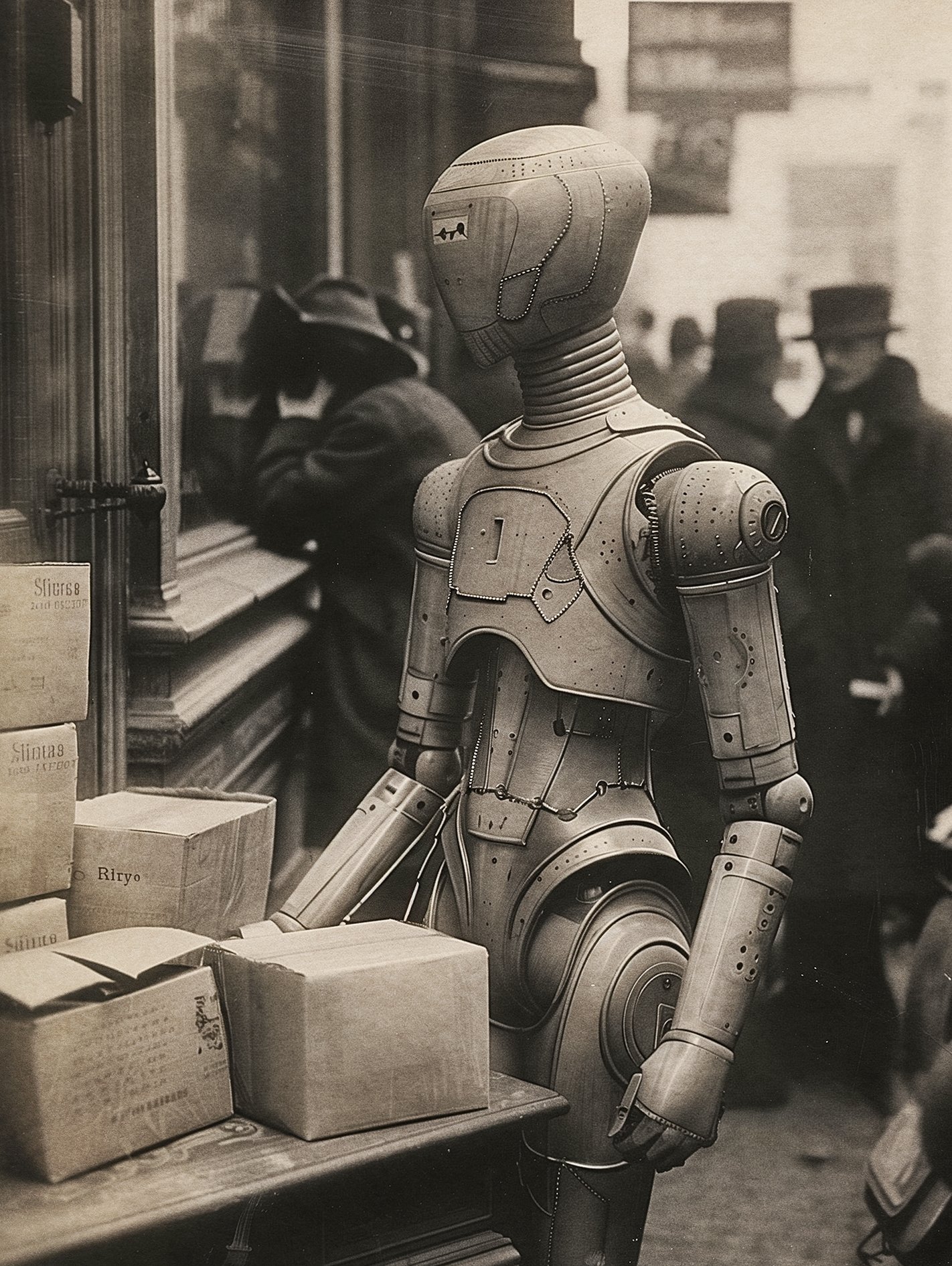 A robotic worker moving boxes on the street in a retro-futuristic vintage city 