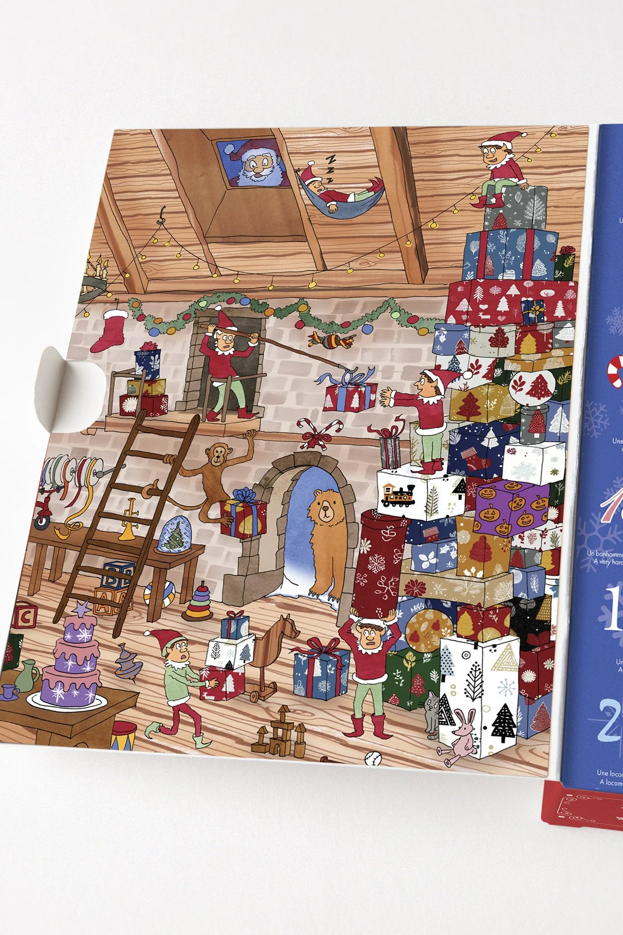 A colorful illustration showing Santa's workshop with elves working. 