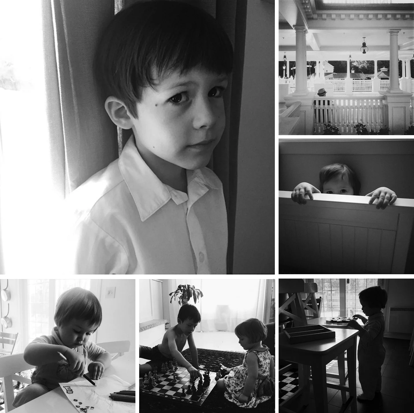 Grid of black and white photos, moody portraits, beautiful lighting and on the fly moments 