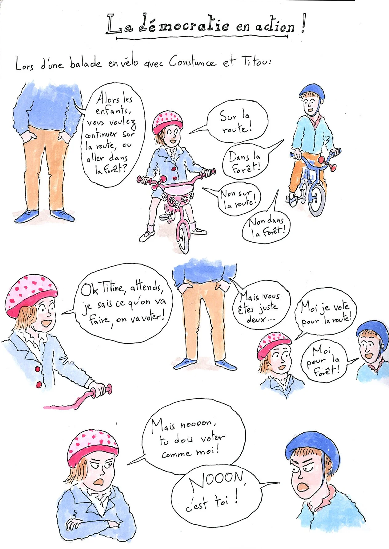 Watercolor page from sketchbook, funny scene with kids arguing 