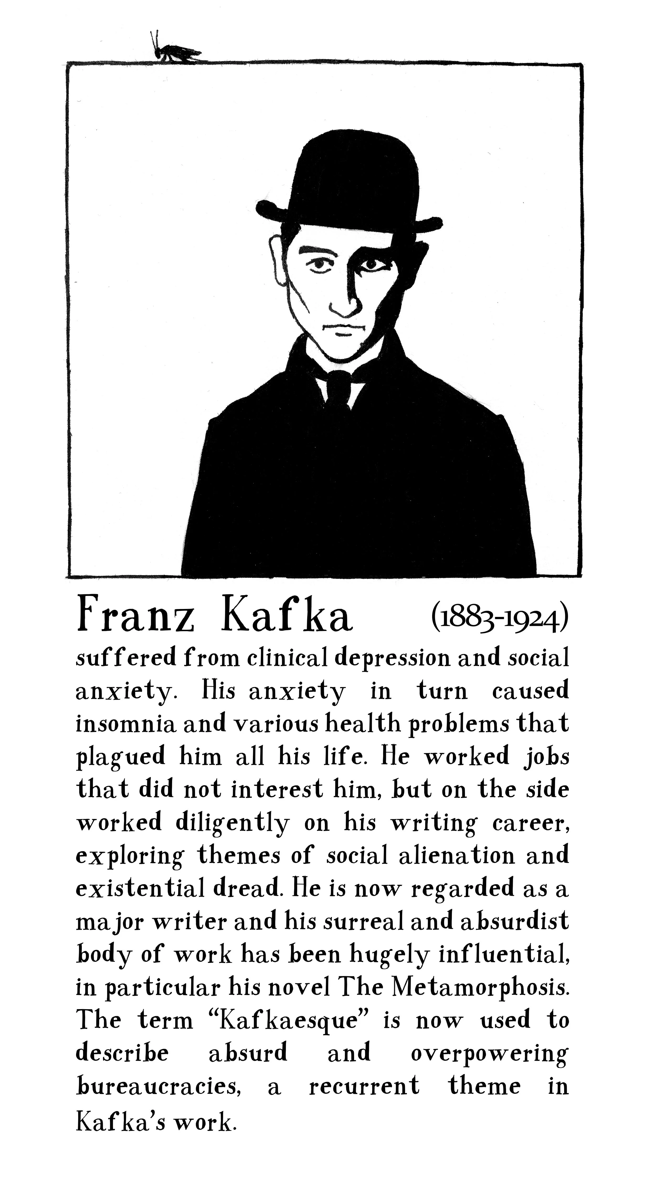 Franz Kafka, portrayed in a black and white drawing