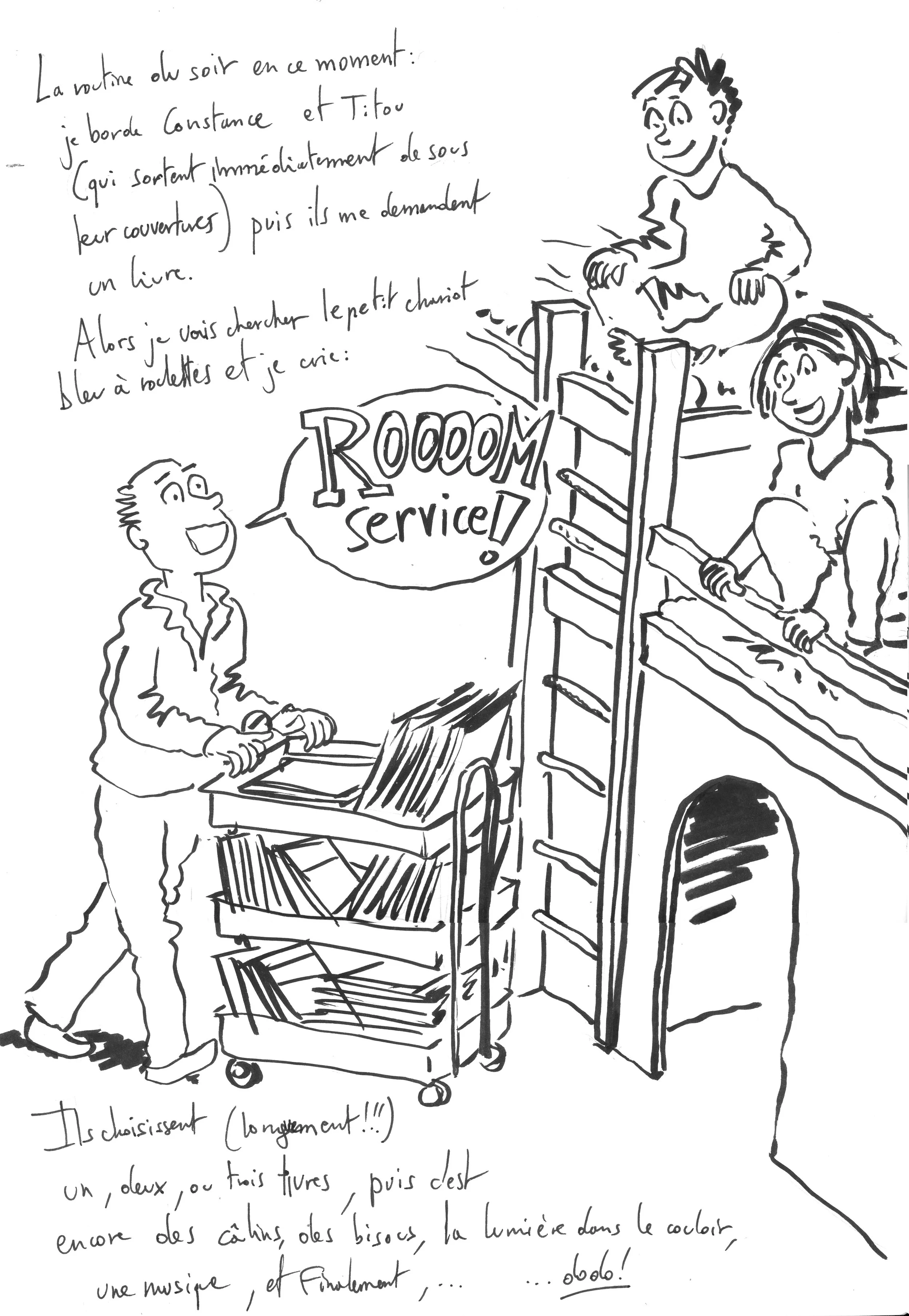 Family sketch, nighttime routine dad bringing books to read to children, funny family moment