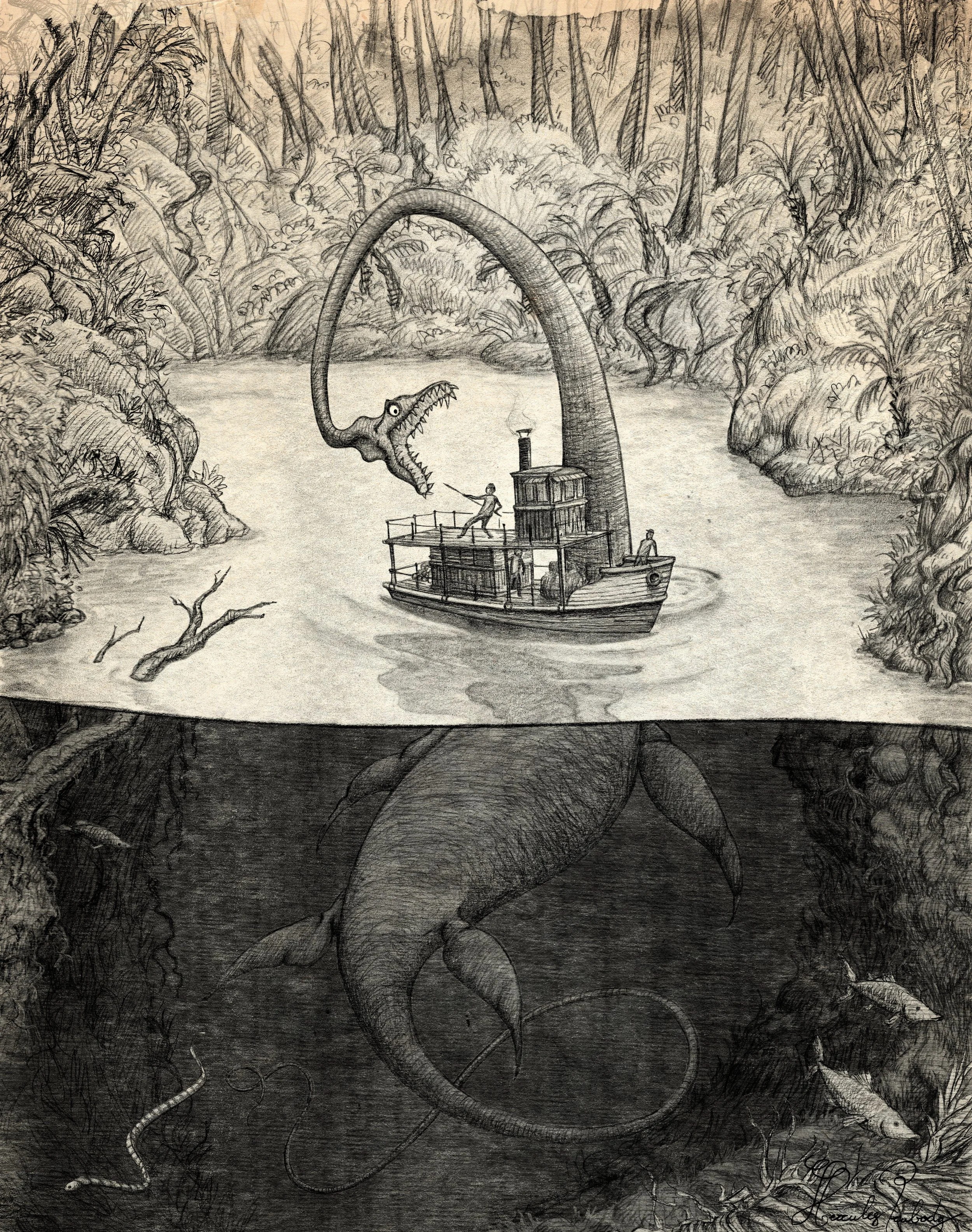 Pencil dinosaur art, plesiosaur river boat attack
