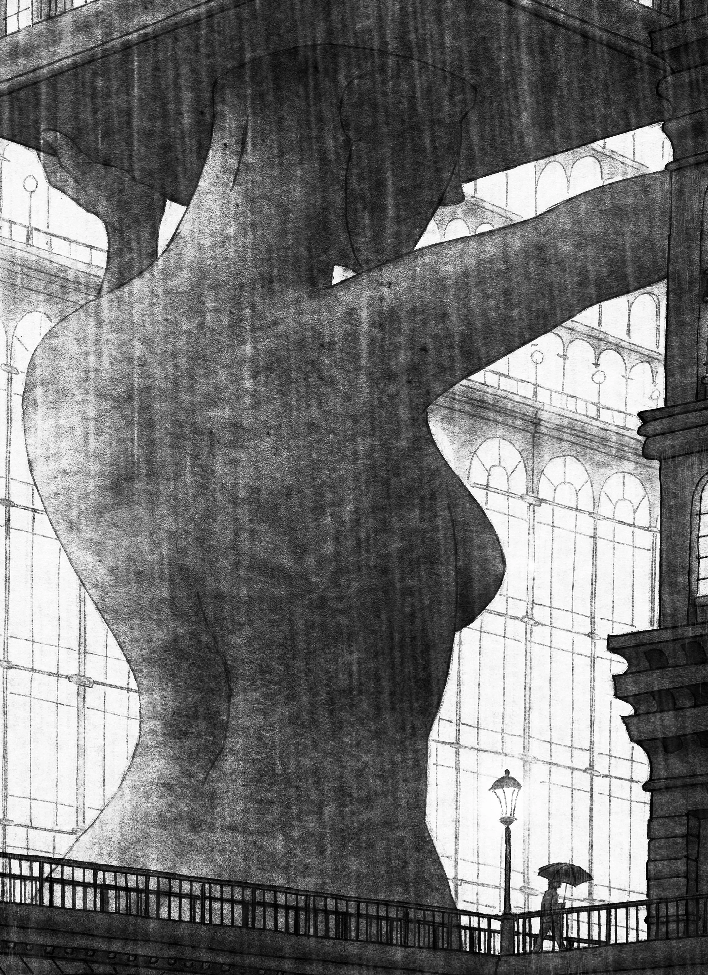 An architectural statue holding up a vintage building
