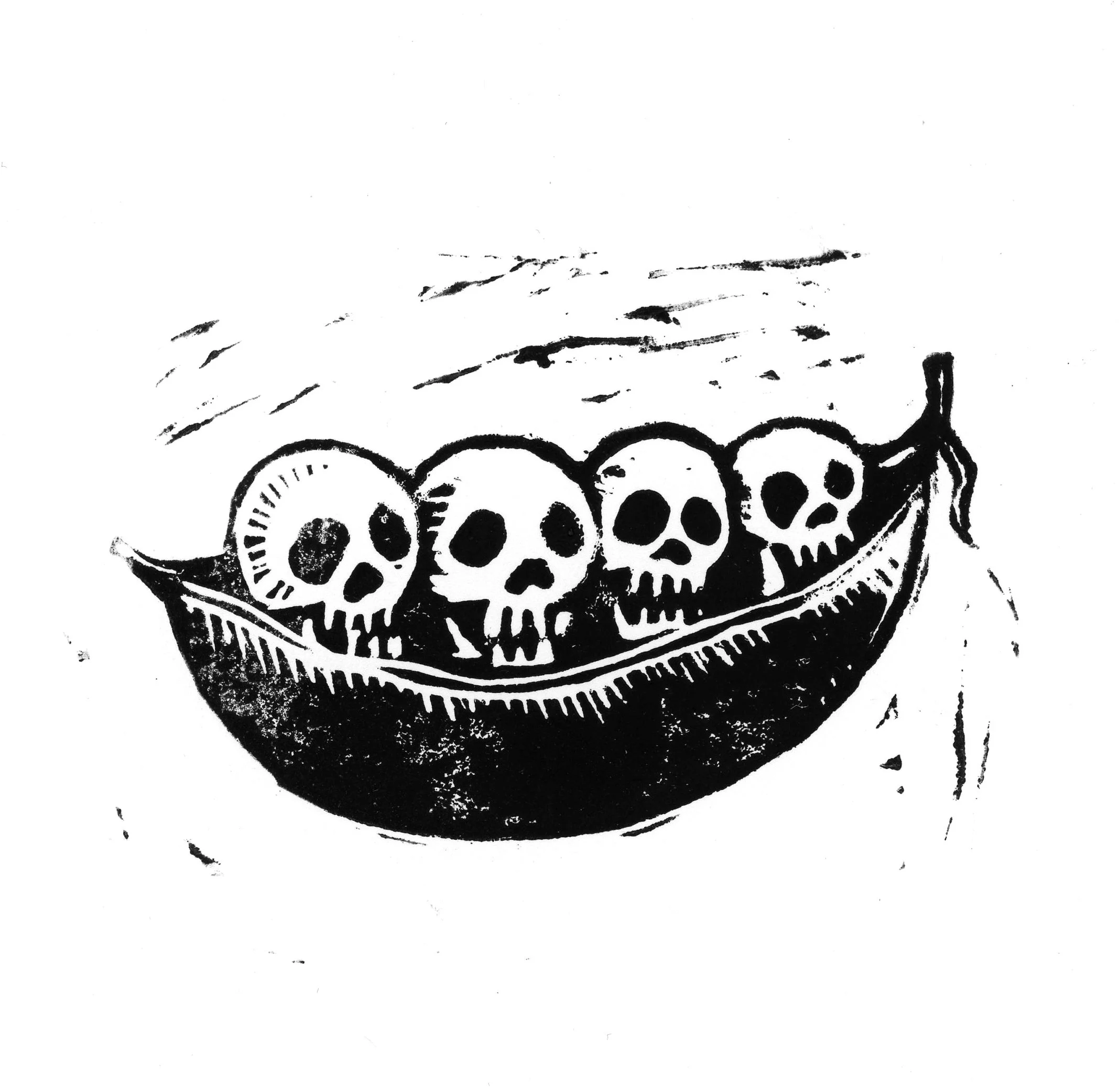 Linocut, graphic design of skulls in pod, peas in a pod design