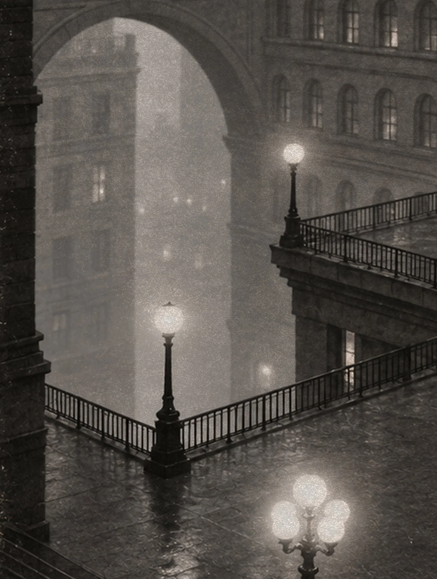 Moody cityscape with elaborate architecture