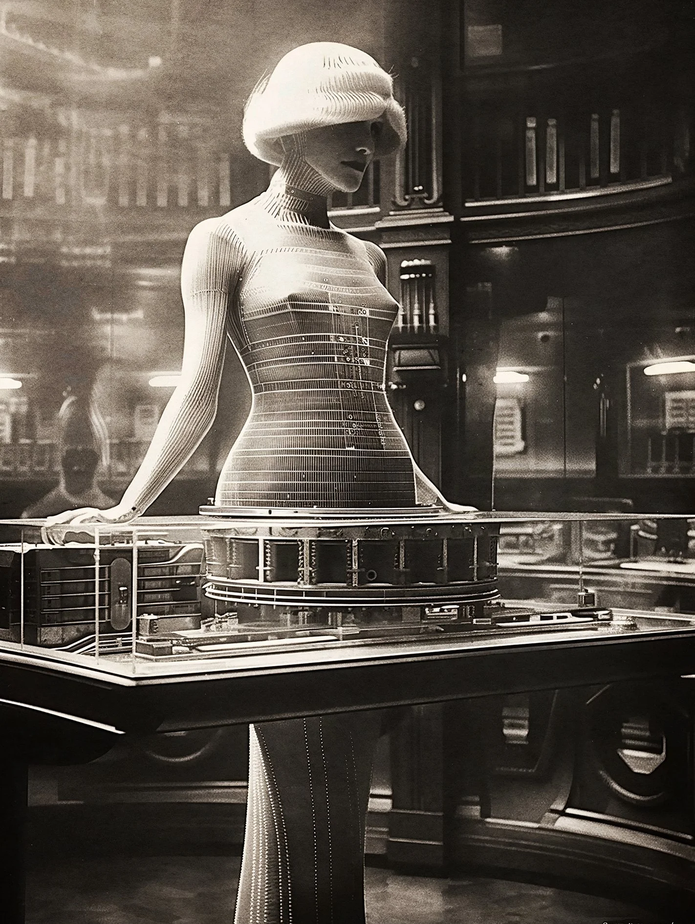 A mechanical woman from an alternate retro future in a vintage black and white photo