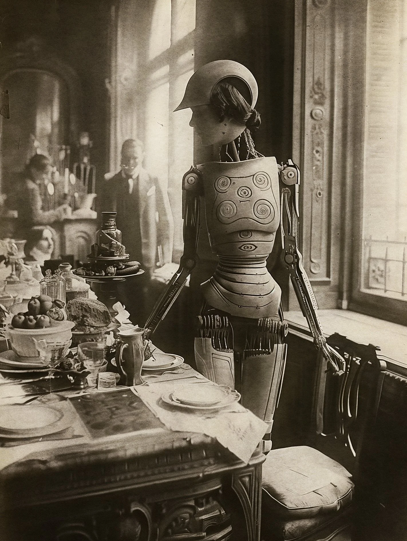 An elegant female robot setting the table in a vintage style photo, from a future that never was.