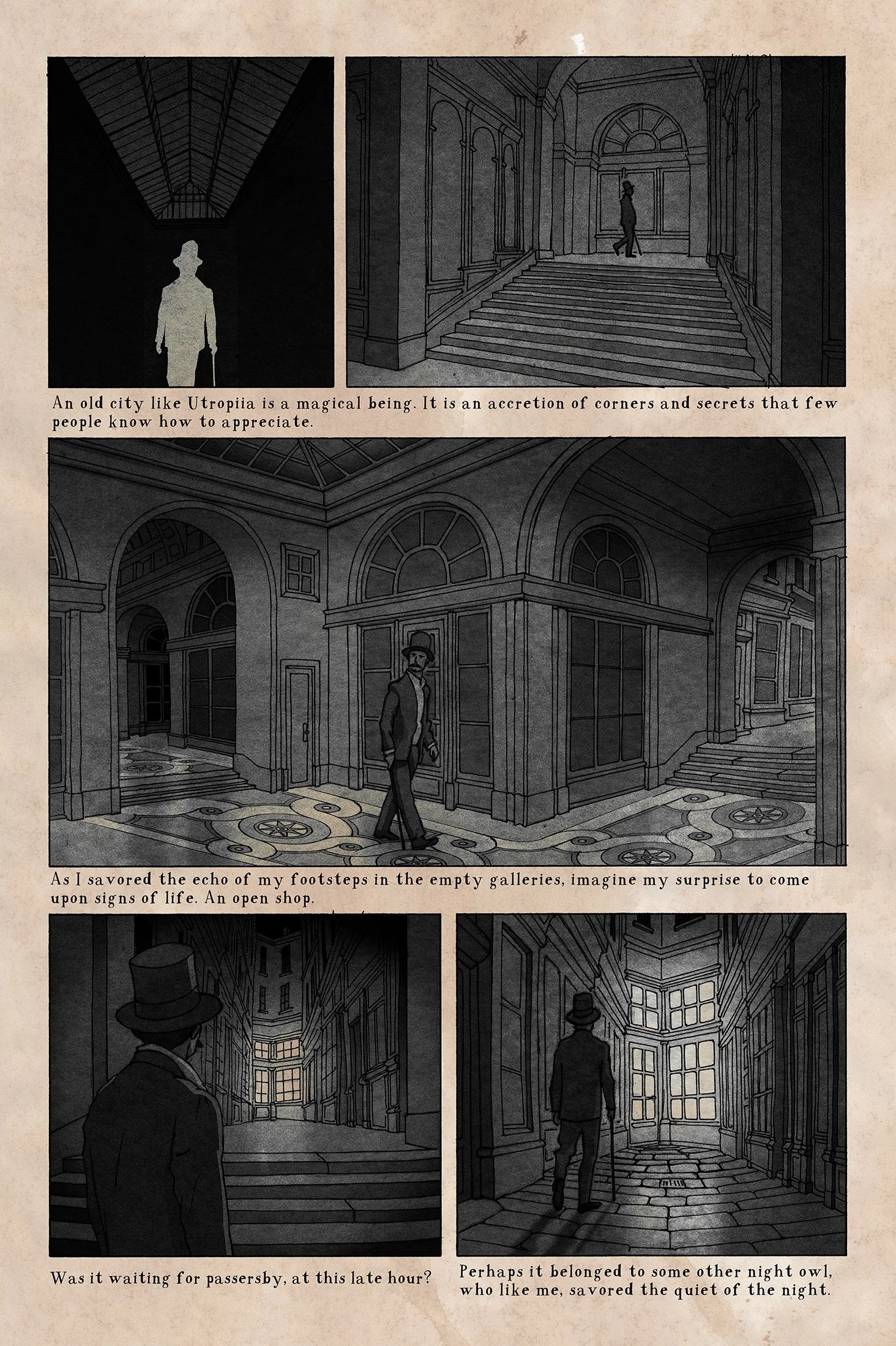 Black and white sequential art of a man walking alone in beautiful architecture. 