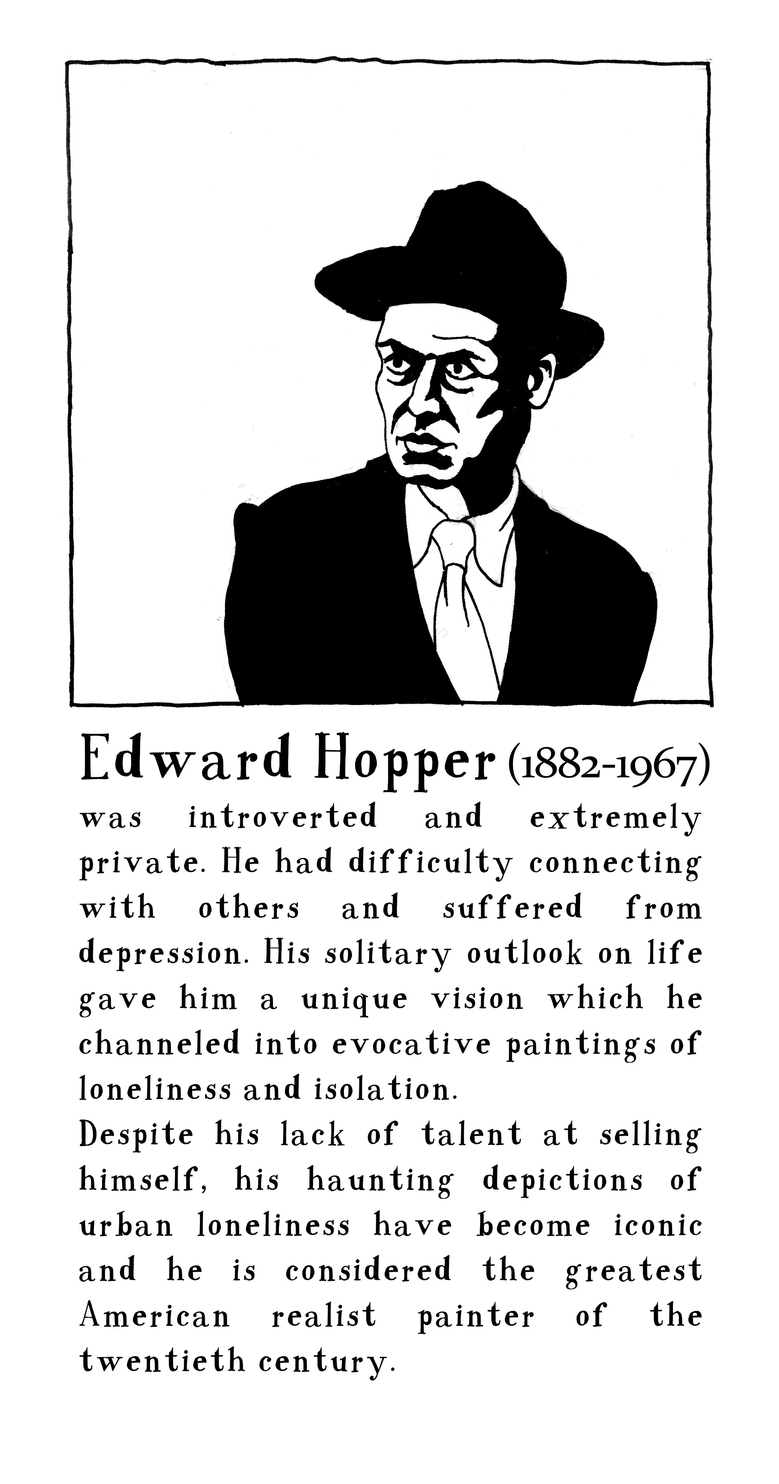 The painter Edward Hopper, an illustrated portrait.