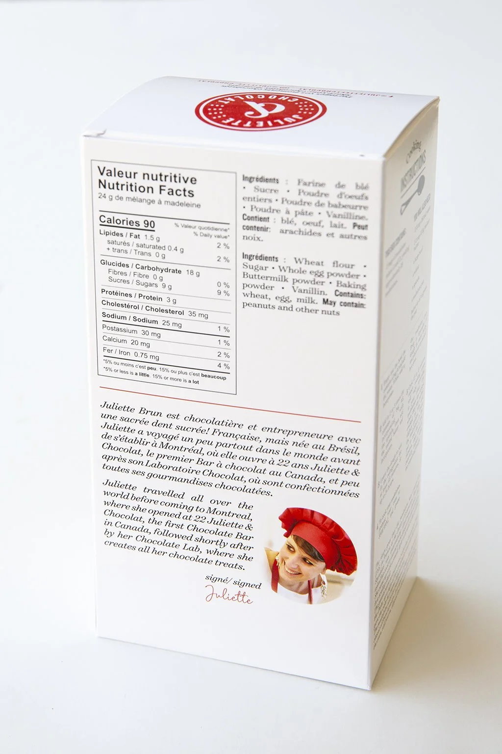 Back of cooking mix box, packaging showing  instructions and the photo of the founder of the Juliette & Chocolat brand, Juliette Brun.