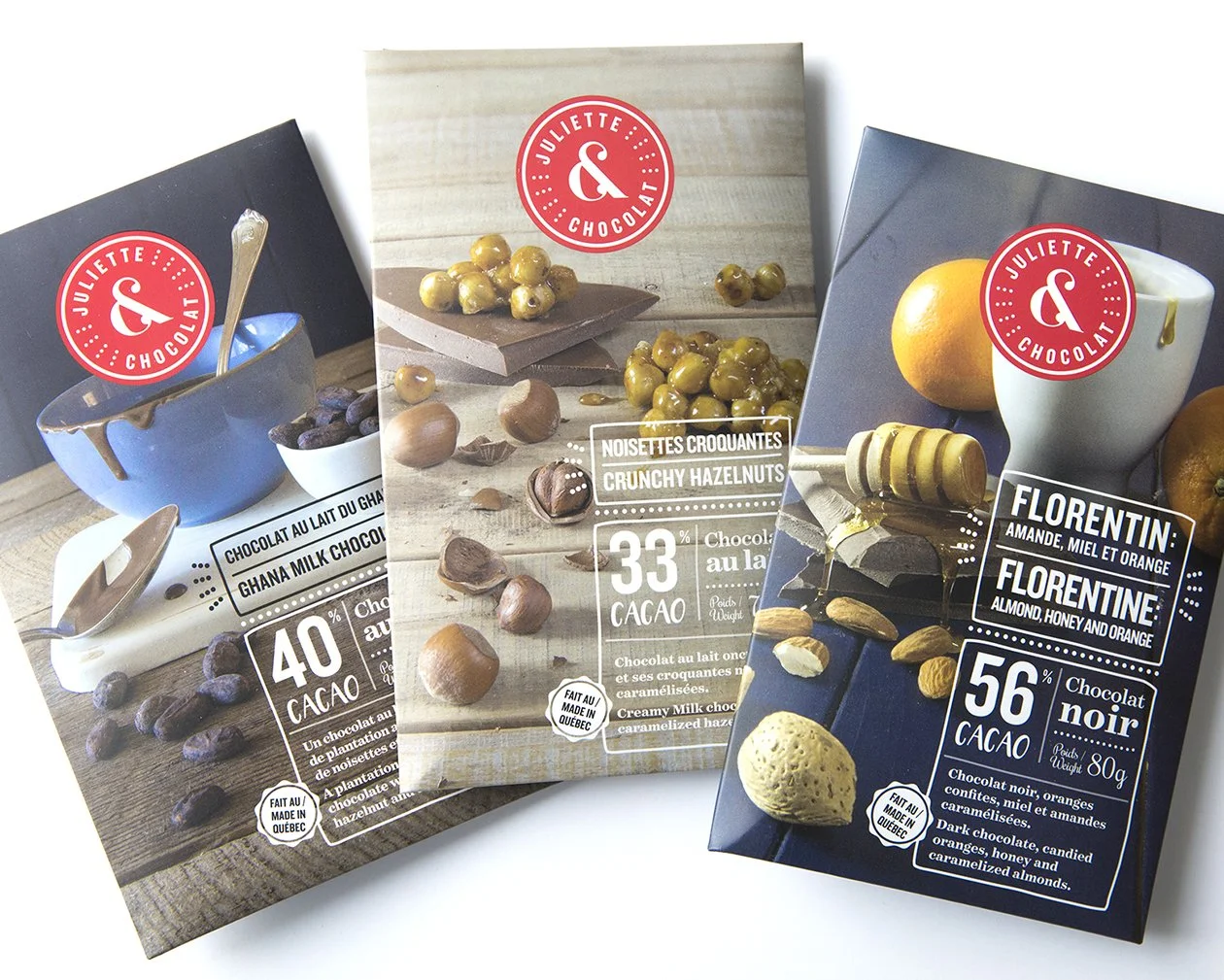 Colorful chocolate bars with milk and dark chocolate by Juliette & Chocolate. 