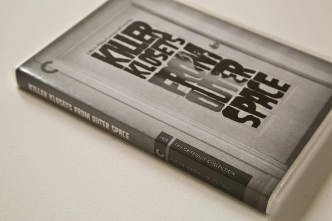 Horror movie DVD : Killer Klosets from Outer Space, retro black and white design