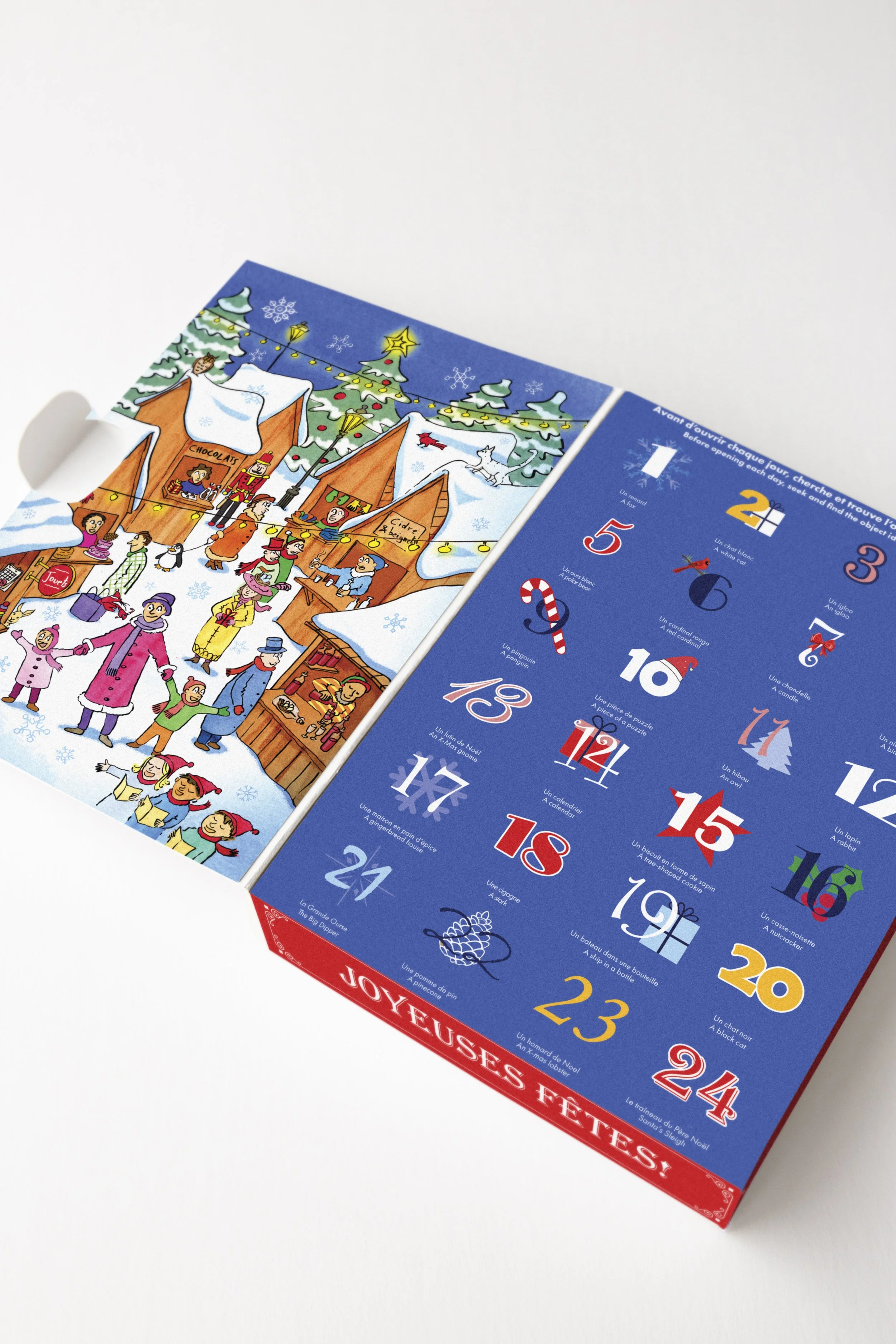 Advent Calendar, colorful cardboard box with illustrations and doors for 24 days of December. 