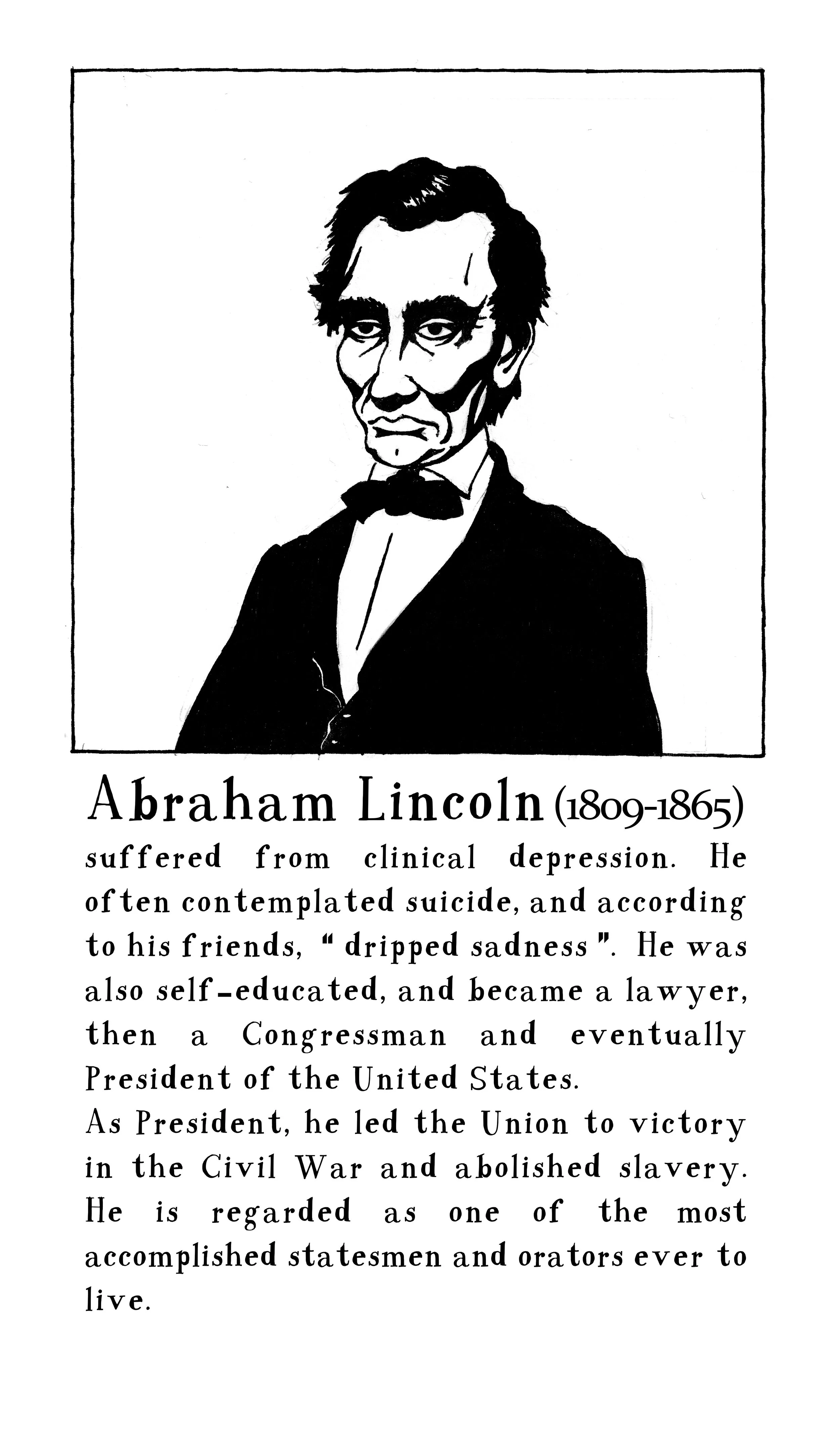 A graphic portrait of Abraham Lincoln, in black ink on paper.