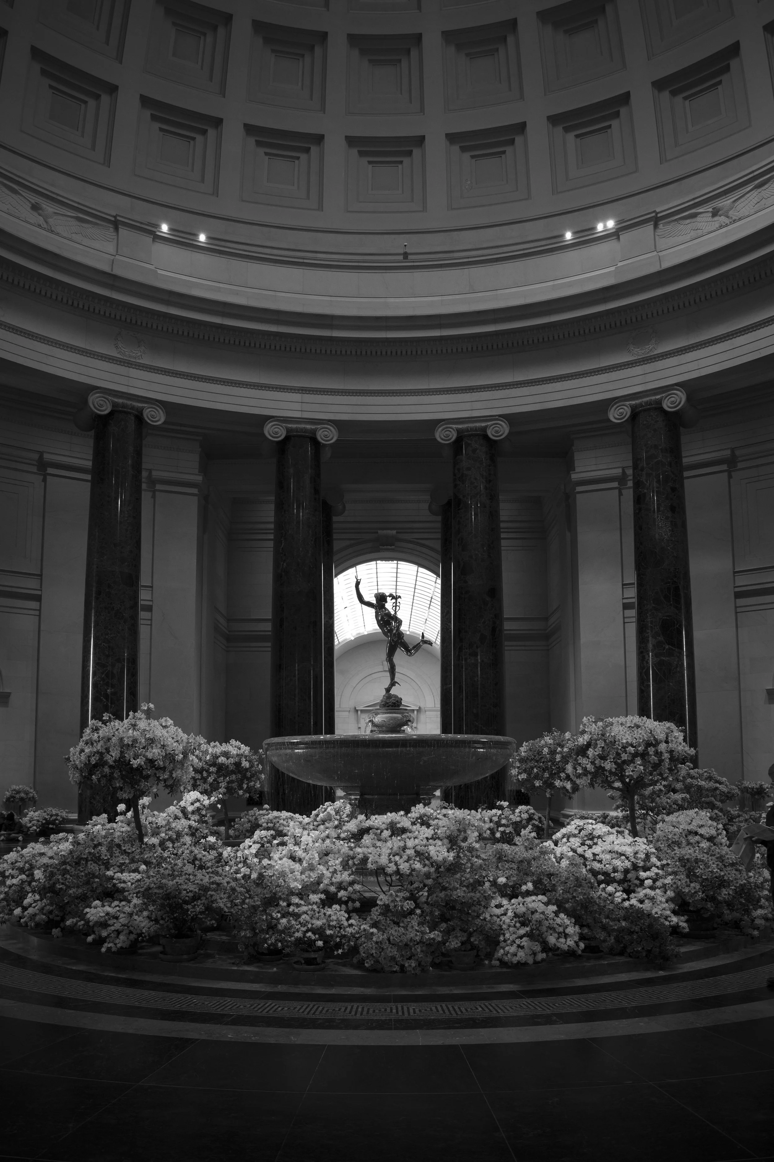 Huge neo-classical rotunda with columns and domed ceiling, and statue in the center, beautiful art museum. 